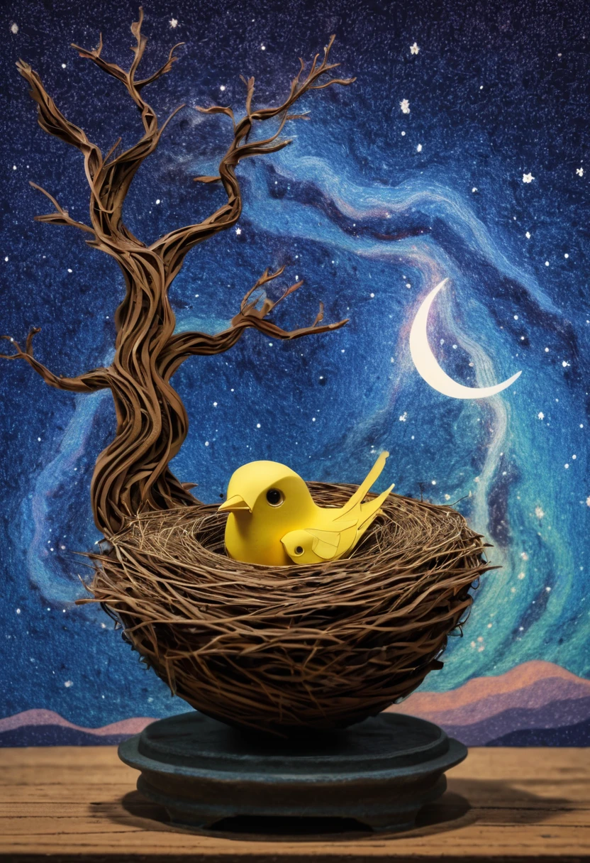 a newborn bird, the bird is abnormally fat and the nest is located in a bonsai, the nest breaks due to the weight of the chick and the chick falls, in a pot, surreal, funny, comic, starry sky, zentangle, origami, cinematic, emotional, epic, vincent van gogh,....by my self...lol