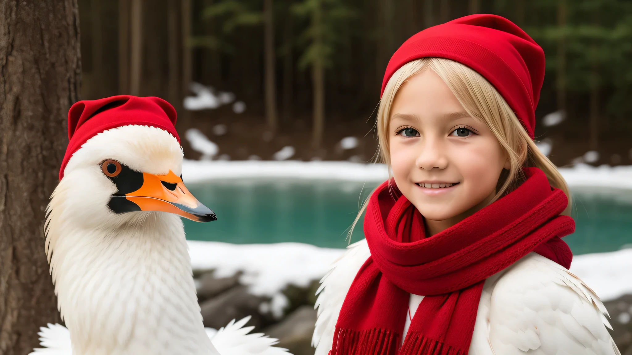 BLONDE 10 YEAR OLD , with red scarf, Asas de Anjo, cisne-negro.