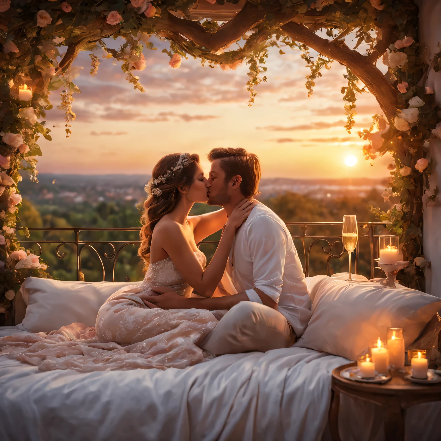 Create a cozy nest for lovers,romantic atmosphere,Fantastic lights,pastel color palette,Beautiful and detailed eyes and face,Love expressions and movements,Comfortable and warm furniture,Romantic artwork,floral decorations,Plush carpet,crackling fireplace,Hidden corners,Create intimacy,candle flickering,The air is filled with alluring fragrance,Private balcony overlooking stunning views,whispering curtains,soft background music,Delicate and passionate kiss,Tangled limbs and stolen kisses,Carefully prepared breakfast in bed,Elegant champagne glass,The lover's initials are carved on the tree outside.,Love letters scattered on the comfortable sofa,Amazing sunrises and sunsets,The warmth of love fills every corner.(best quality,4K,8k,high resolution,masterpiece:1.2),Super detailed,actual:1.37,romanticism art style,Soft warm tones,Lush lighting effects.