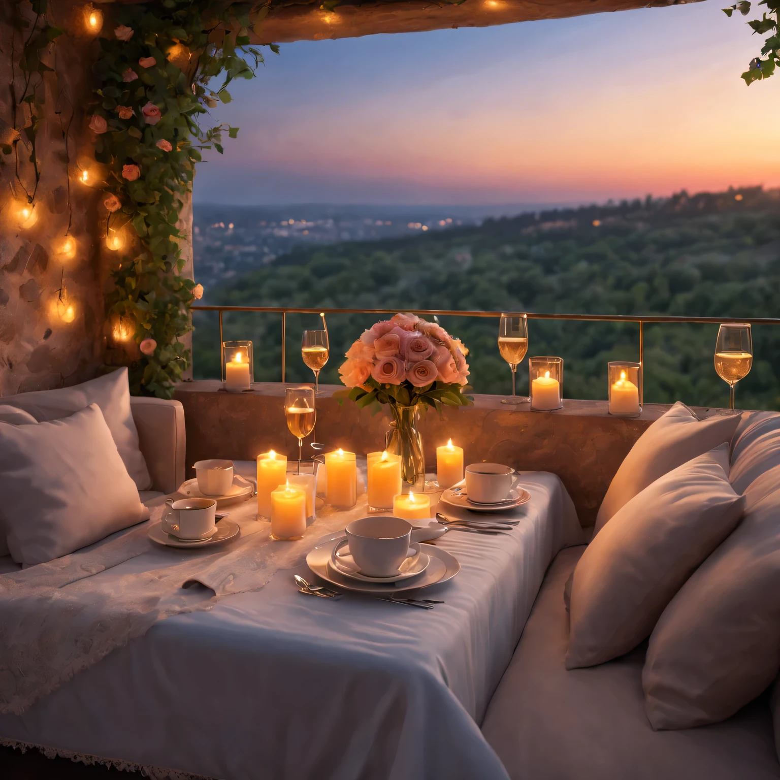 a cozy love nest,romantic details,intimate atmosphere,soft lighting,candlelit dinner,floral decorations,warm color tones,soft textures,lovers embracing,gentle kisses,whispered words of love,peaceful ambiance,heart-shaped decorations,lovely music playing in the background,carefully arranged pillows,romantic artwork hanging on the walls,thoughtful surprises,entwined hands,shared laughter,passionate embraces,meaningful conversations,couples' portraits,love letters scattered on the table,flickering fireplace,sparkling champagne,romantic sunset view,private balcony overlooking a beautiful landscape,intimate dinner for two,love notes hidden around the room,scented candles filling the air,soft jazz music creating a relaxed mood,beautifully arranged roses,breakfast in bed,gentle morning light streaming through the window,lovers cuddling under a cozy blanket,shared dreams and aspirations. (best quality,4k,8k,highres,masterpiece:1.2),ultra-detailed,(realistic,photorealistic,photo-realistic:1.37),soft colors,painterly style,romantic ambiance,warm and inviting atmosphere.