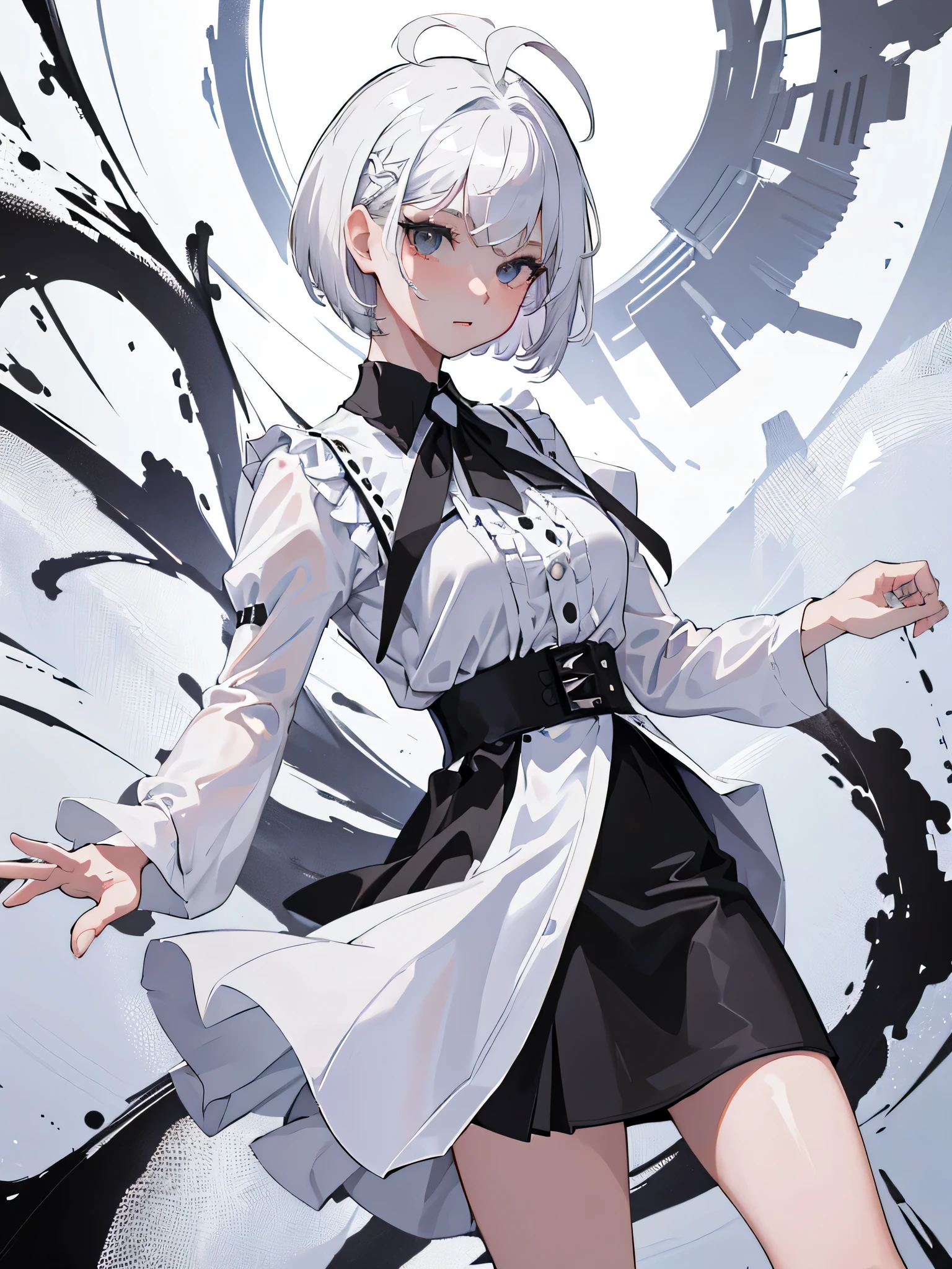 ((masterpiece, best quality)), (1girl), (solo), (female focus), (ahoge, white hair, short hair), black eyes, ((white shirt), (buttoned shirt)), ((black skirt), (short skirt)), standing, white background, arms behind back,