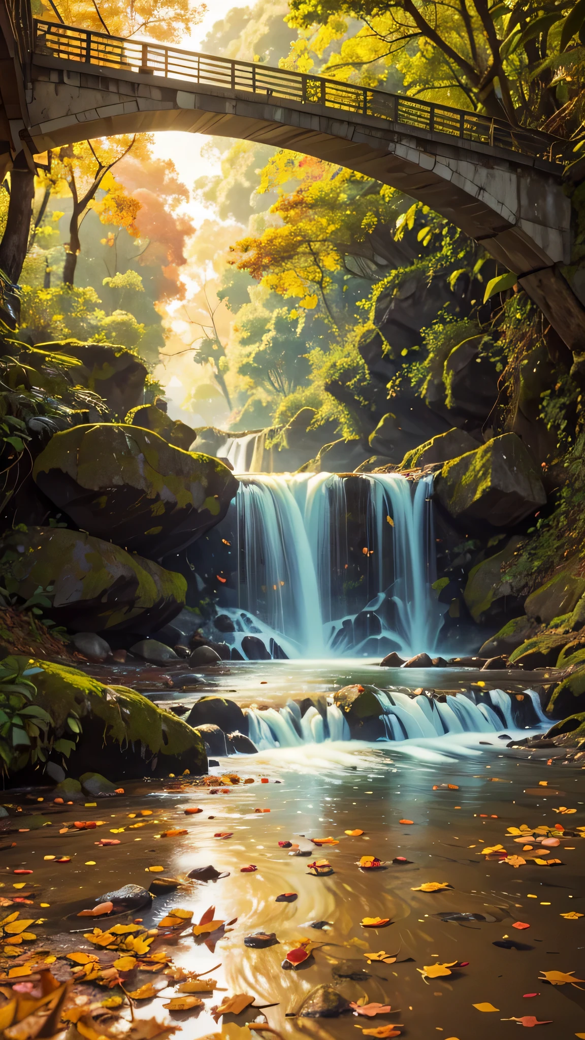 outonal,entardecer,rio,pequenas pontes,running water,scenic beauty,The leaves are golden,Fallen leaves are everywhere,4k ultra-HD, ultra-high resolution, (fotorrealista: 1.4), melhor qualidade,obra de arte,Dilution of Utra,(cor pastel:1.2)