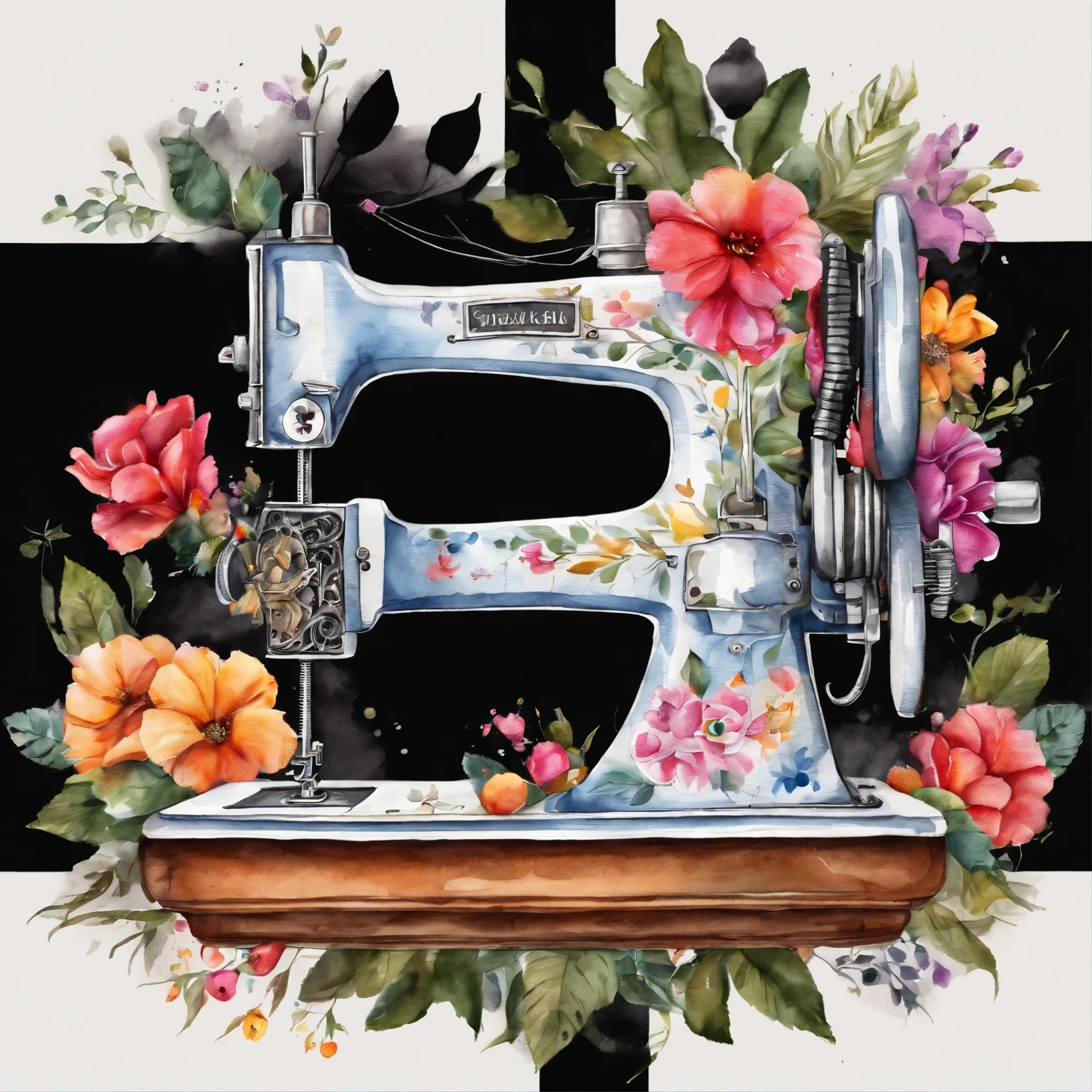 “Illustration of a sewing machine, graffiti style, bold colors, on a black background, t-shirt design, no reflection, flowers panorams”