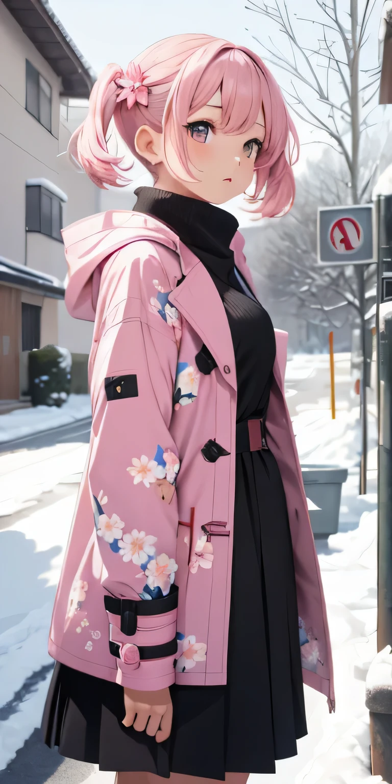 Meisterwerk, best quality, absurder, perfekte Anatomie, 1girl, Allein, kurzes Haar, pinkes Haar, Haarblume, twintails, Draussen, Winter, Mantel, Blumenmuster