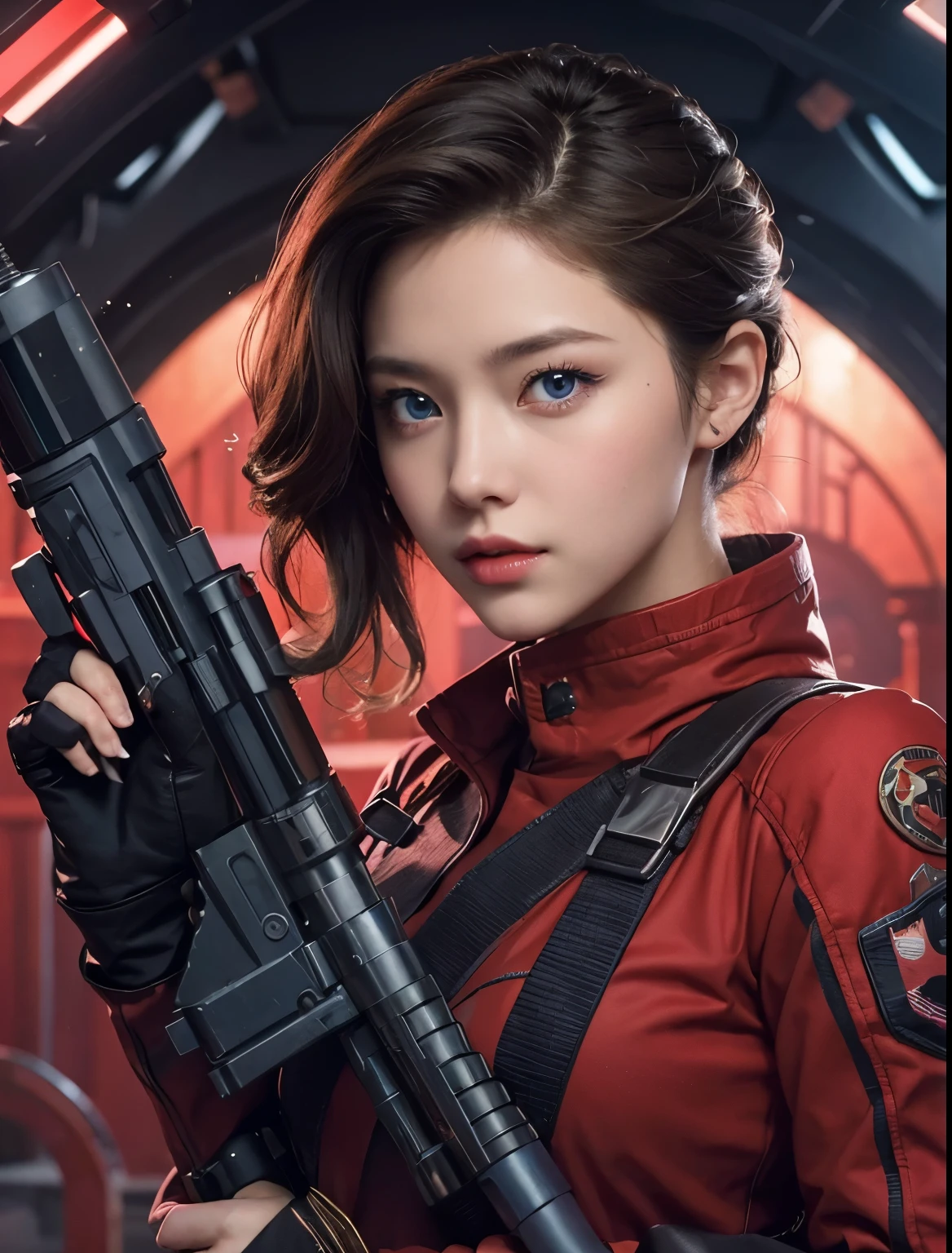 Beautiful woman with blonde blue eyes。beautiful double eyes。bridge of nose。well-shaped lips。she holds a lightsaber in one hand、wearing a golden battle uniform。masterpiece