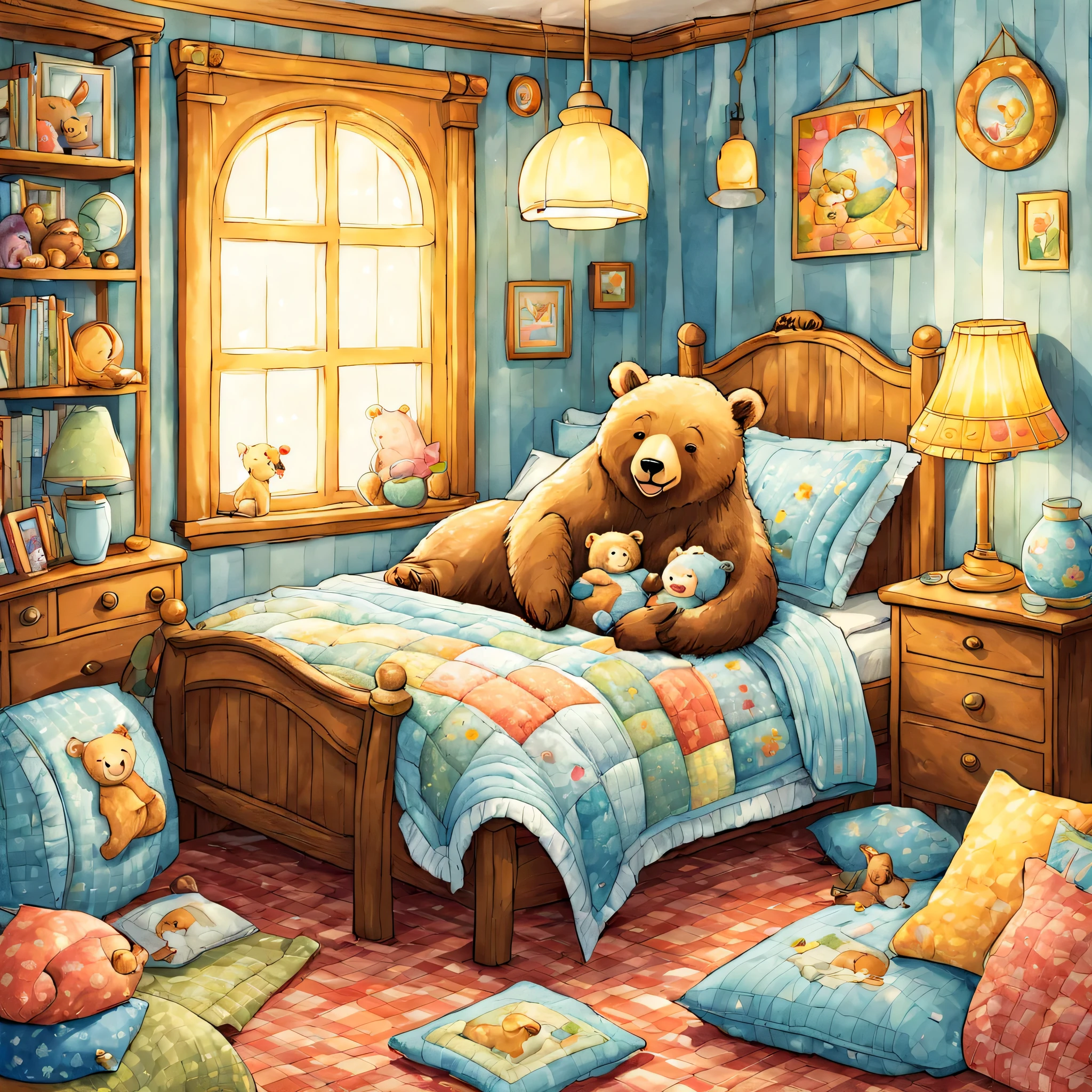 cuteAn illustrationクマの家,bear family:animal:hibernating:cute:nestle:sleep:comfortable and warm:looks happy,An illustration,pop,colorfulに,draw with thick lines,color,dim,lamp light,hibernatingのbear familyが眠っています:dream a happy dream,The house is warm and full of happiness,,colorful,fancy,fantasy,Patchwork:comforter,Detailed details,fluffy,randolph caldecott style