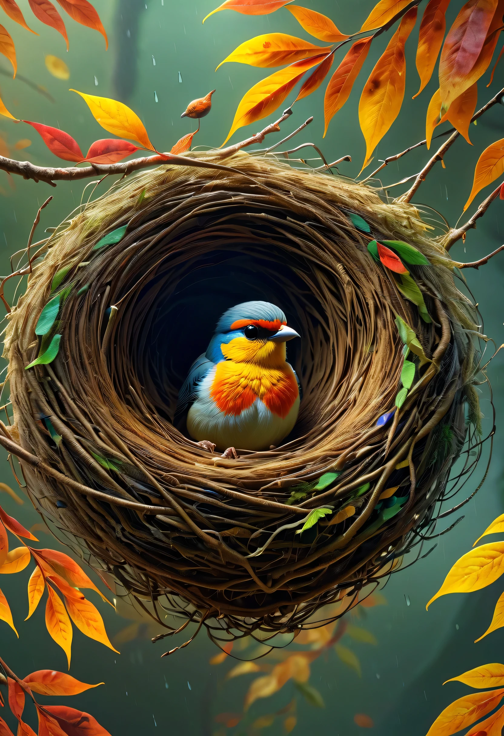 （best quality，4K，8k，high-rise，masterpiece：1.2），Super fine，lifelike，focus，human development report，ultra high definition，studio lighting，main，bright colors，复杂的lair，strong bird&#39;lair in autumn rainforest，beautifully woven bird&#39;lair，huge nest in tree：1.37，（beautiful birds，colorful bird，nesting bird：1.37），rain，