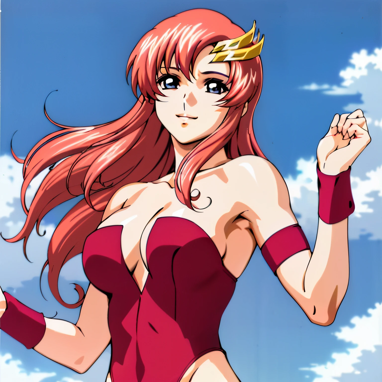 lacus4, solo, stretching, (masterpiece, upper body view, strapless, (slim shoulders), 4K, Best Quality, Anime style: 1.9, happy, Adult Woman, (ultra detailed head), (cloud background, white skin), Drawing lines, high resolution, lacus4), 1girl, Solo, curvy figure, Long hair, 鎖骨, scapular, (Detailed wide hair bangs, Hair Ornament, Detailed reddish-pink hair, shiny streaks, slim arms, detailed golden crest), cleavage, large hands, (hair cover shoulders). (Big blue eyes, shiny eyes), ((female wrestler, (slim body), little biceps, slim arms, closed fists, thighs)), ((perfect proportions, medium breasts, long belly)), (((very tight leotard, crimson strapless leotard, red arm band, neck band))), smile, (standing, cold colors), detailed fingers, (bare shoulders)
