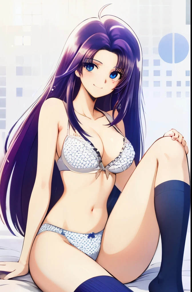 long hair, blue eyes, purple hair, cleavage, chest, Navy blue and white polka dot underwear, black socks, smile,, (highest quality:1.3),1 girl,