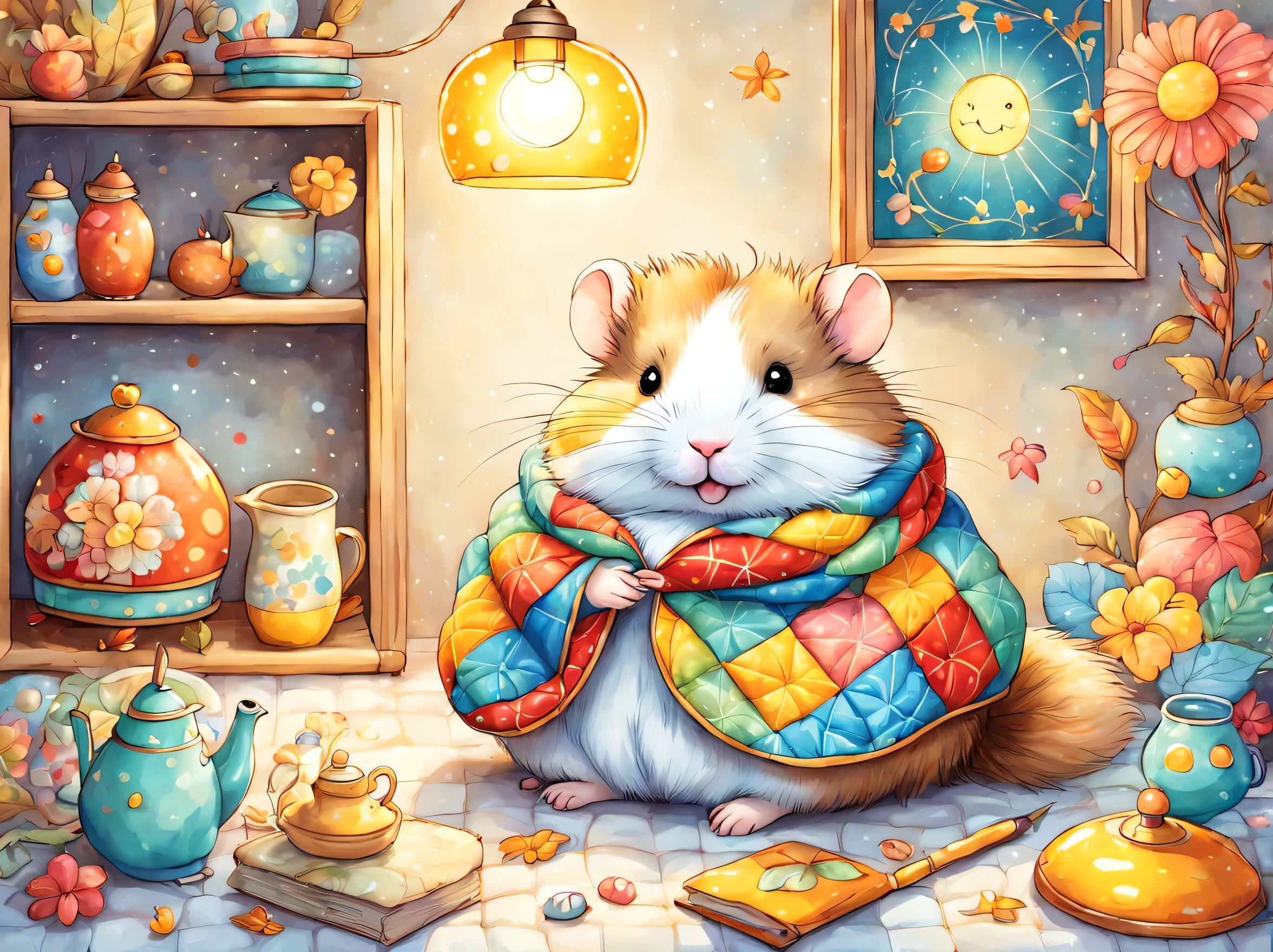 cuteAn illustration,hamsterの家,hamsterの親子:animal:cute:nestle:sleep:comfortable and warm:looks happy,An illustration,pop,colorfulに,color,dim,lamp light,hamsterの親子が眠っています:dream a happy dream,The house is warm and full of happiness,,colorful,fancy,fantasy,Patchwork:comforter,Detailed details,fluffy,randolph caldecott style,hamster,最高にcutehamster,fluffyhamster