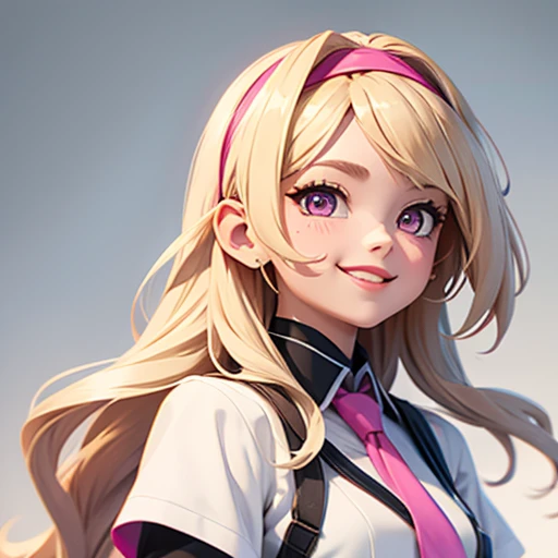 One girl, long wavy hair, blonde, pink eyes, white shirt with gray vest, black tie, white skin, wearing a white headband, pink lipstick, smiling, white background, facing side