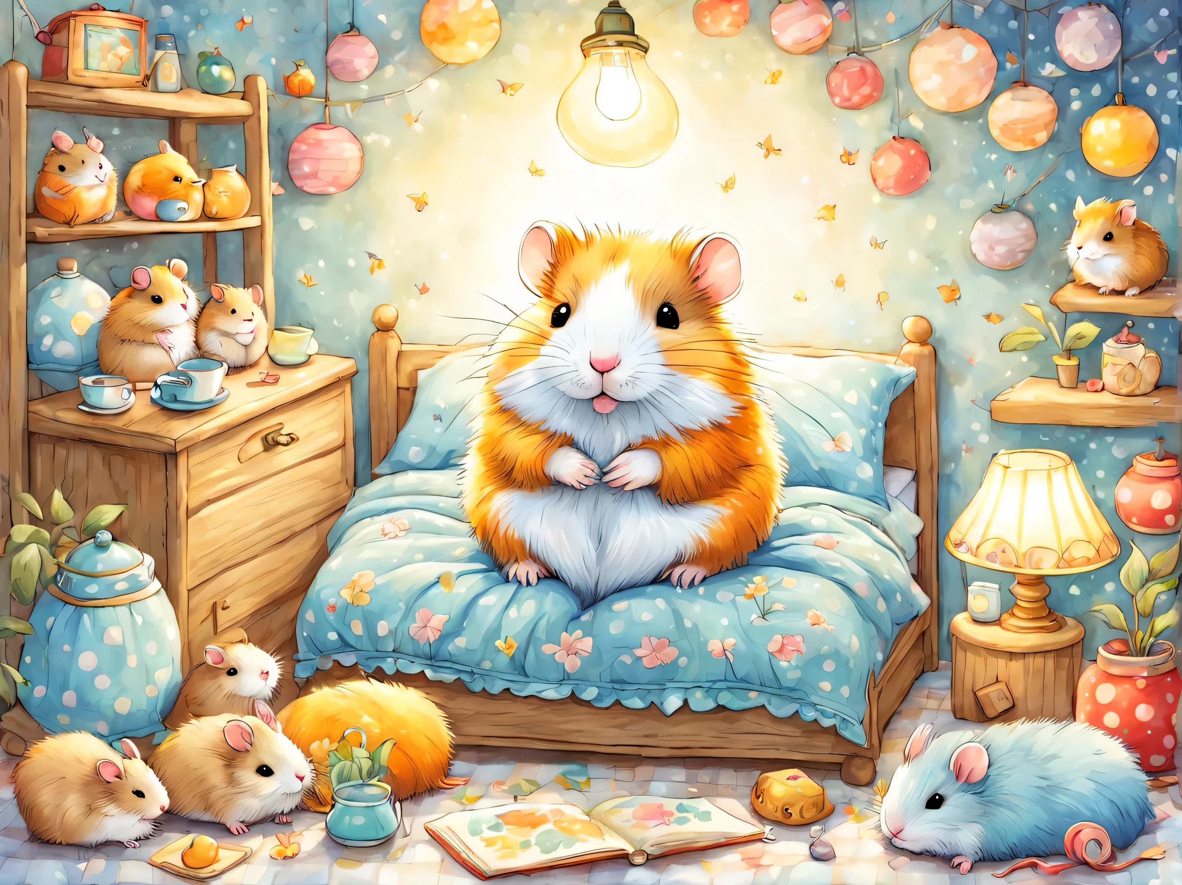 cuteAn illustration,hamsterの家,hamsterの親子:animal:cute:nestle:sleep:comfortable and warm:looks happy,An illustration,pop,colorfulに,color,dim,lamp light,hamsterの親子が眠っています:dream a happy dream,The house is warm and full of happiness,,colorful,fancy,fantasy,Patchwork:comforter,Detailed details,fluffy,randolph caldecott style,hamster,最高にcutehamster,fluffyhamster