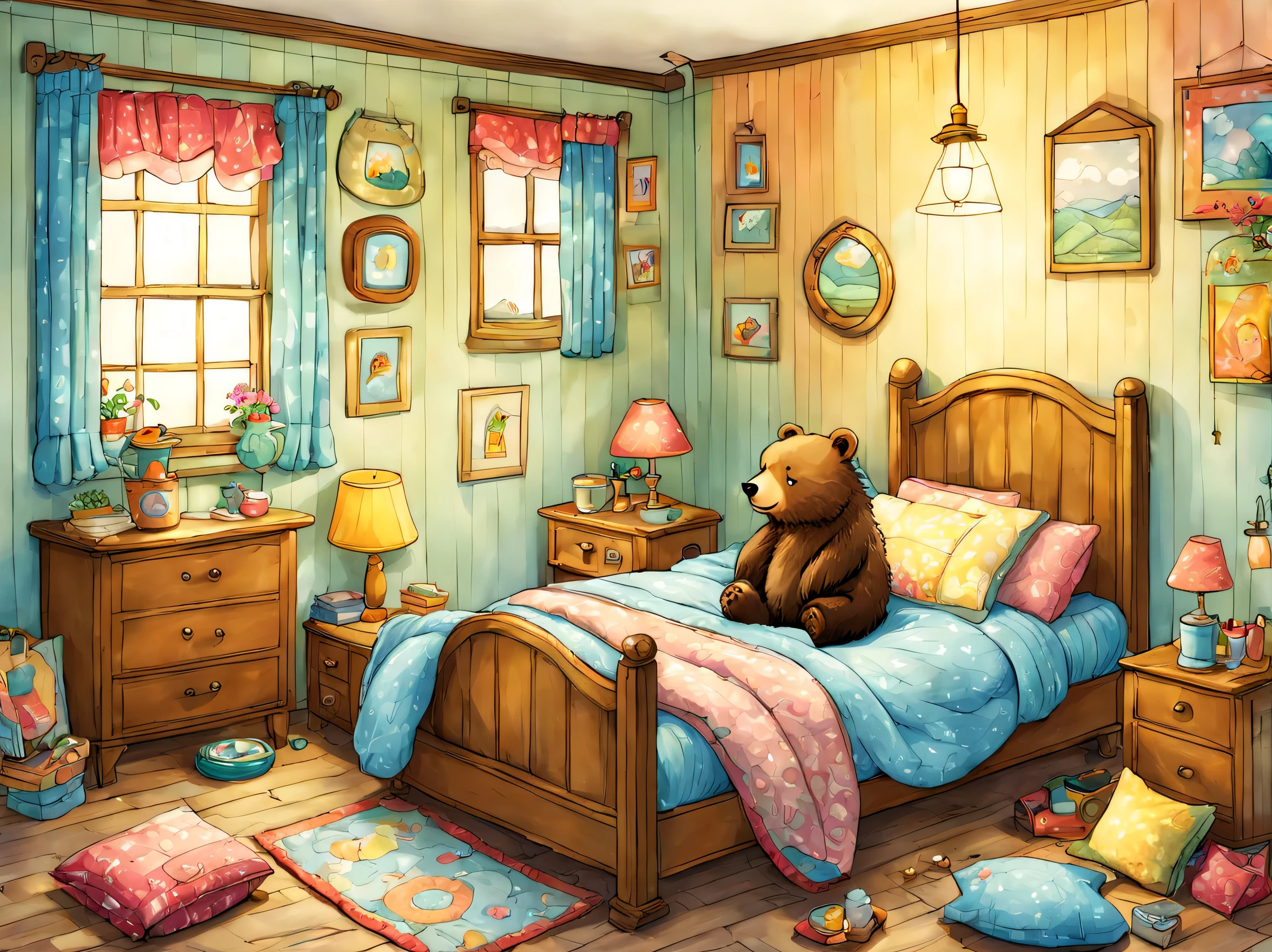 cuteAn illustrationクマの家,bear family:animal:hibernating:cute:nestle:sleep:comfortable and warm:looks happy,An illustration,pop,colorfulに,draw with thick lines,color,dim,lamp light,hibernatingのbear familyが眠っています:dream a happy dream,The house is warm and full of happiness,,colorful,fancy,fantasy,Patchwork:comforter,Detailed details,fluffy,randolph caldecott style