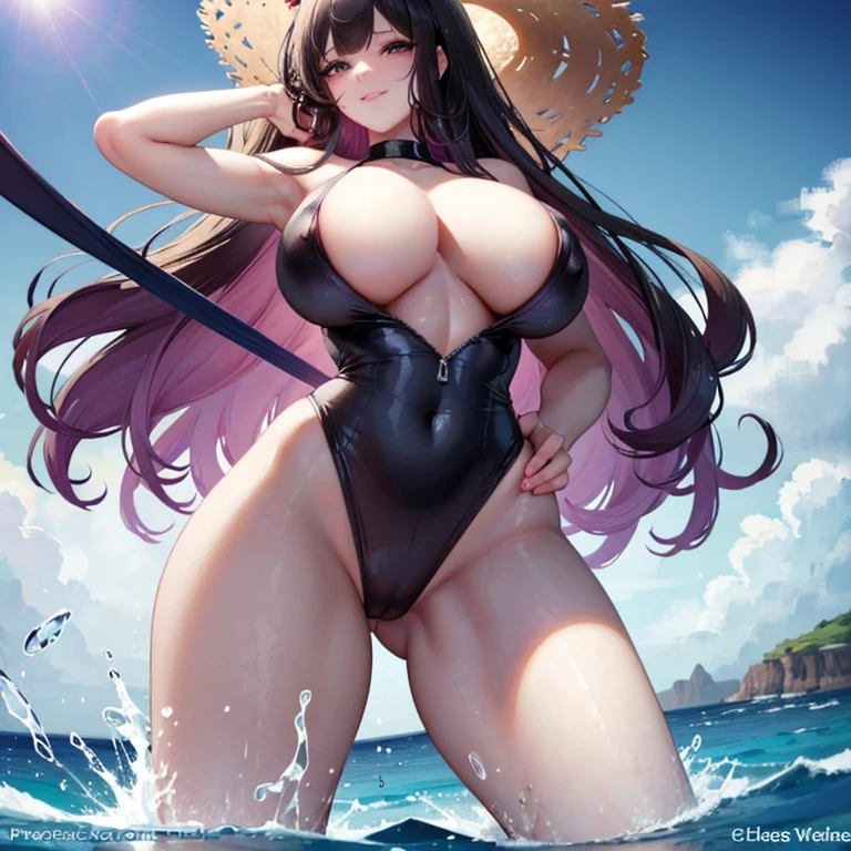 Beautiful woman, gigantic breasts, tiny waist, hard nipples, sexy, erotic smile, slightly blushing, stretching , wearing a black one piece swim suit, purple curly hair, walking down a pier towards the beach, ocean in the background