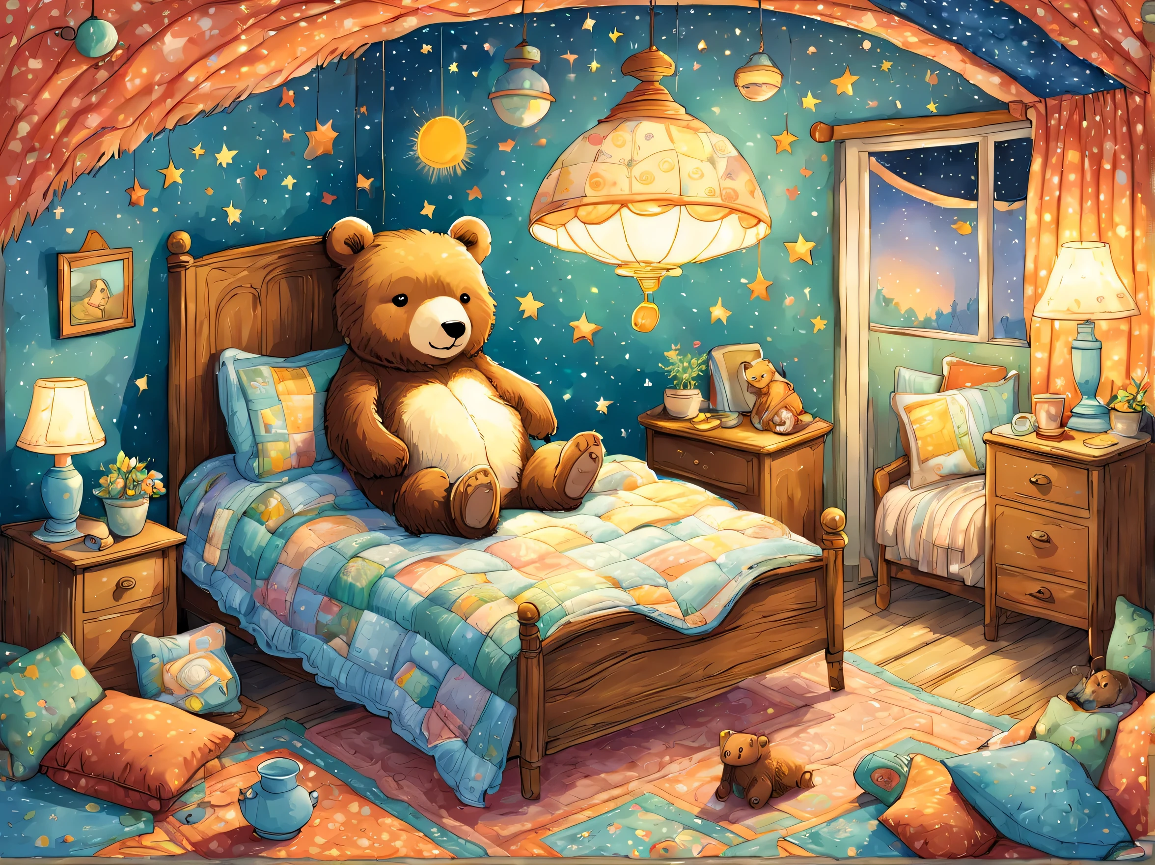 cuteAn illustrationクマの家,bear family:animal:hibernating:cute:nestle:sleep:comfortable and warm:looks happy,An illustration,pop,colorfulに,draw with thick lines,color,dim,lamp light,hibernatingのbear familyが眠っています:dream a happy dream,The house is warm and full of happiness,,colorful,fancy,fantasy,Patchwork:comforter,Detailed details,fluffy,randolph caldecott style