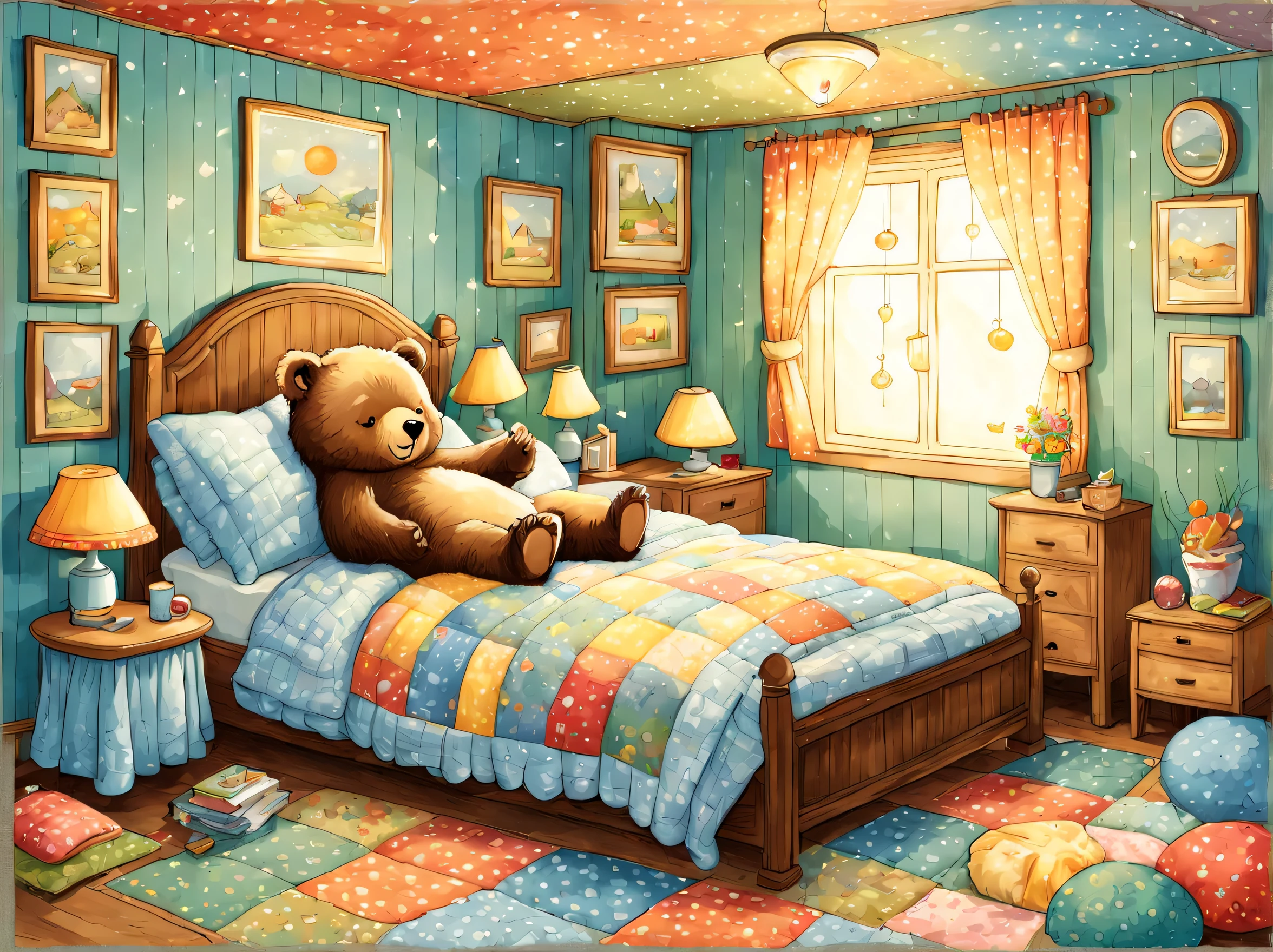 cuteAn illustrationクマの家,bear family:animal:hibernating:cute:nestle:sleep:comfortable and warm:looks happy,An illustration,pop,colorfulに,draw with thick lines,color,dim,lamp light,hibernatingのbear familyが眠っています:dream a happy dream,The house is warm and full of happiness,,colorful,fancy,fantasy,Patchwork:comforter,Detailed details,fluffy,randolph caldecott style
