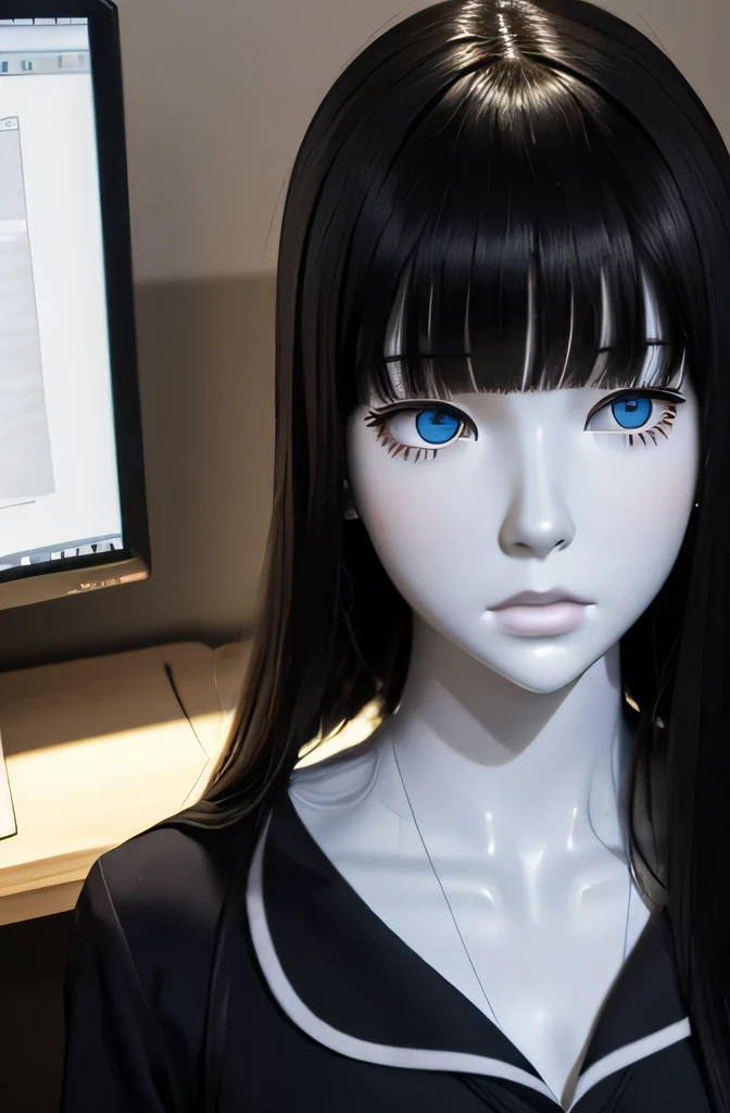 ラジオを聞いている 1 人のMannequin(Beautuful Women　Mannequin is 30 years old　Mannequinの身長は165cmです. Mannequinの色&#39;my face is white.　Mannequinの色 body is pure white 　Mannequin has black hair(straight hair down to throat　bangss)　Mannequin has a thin and long face　Mannequinの色&#39;lips are light pink.　Mannequin&#39;Eye color is black　Mannequinはシャツを着ています)