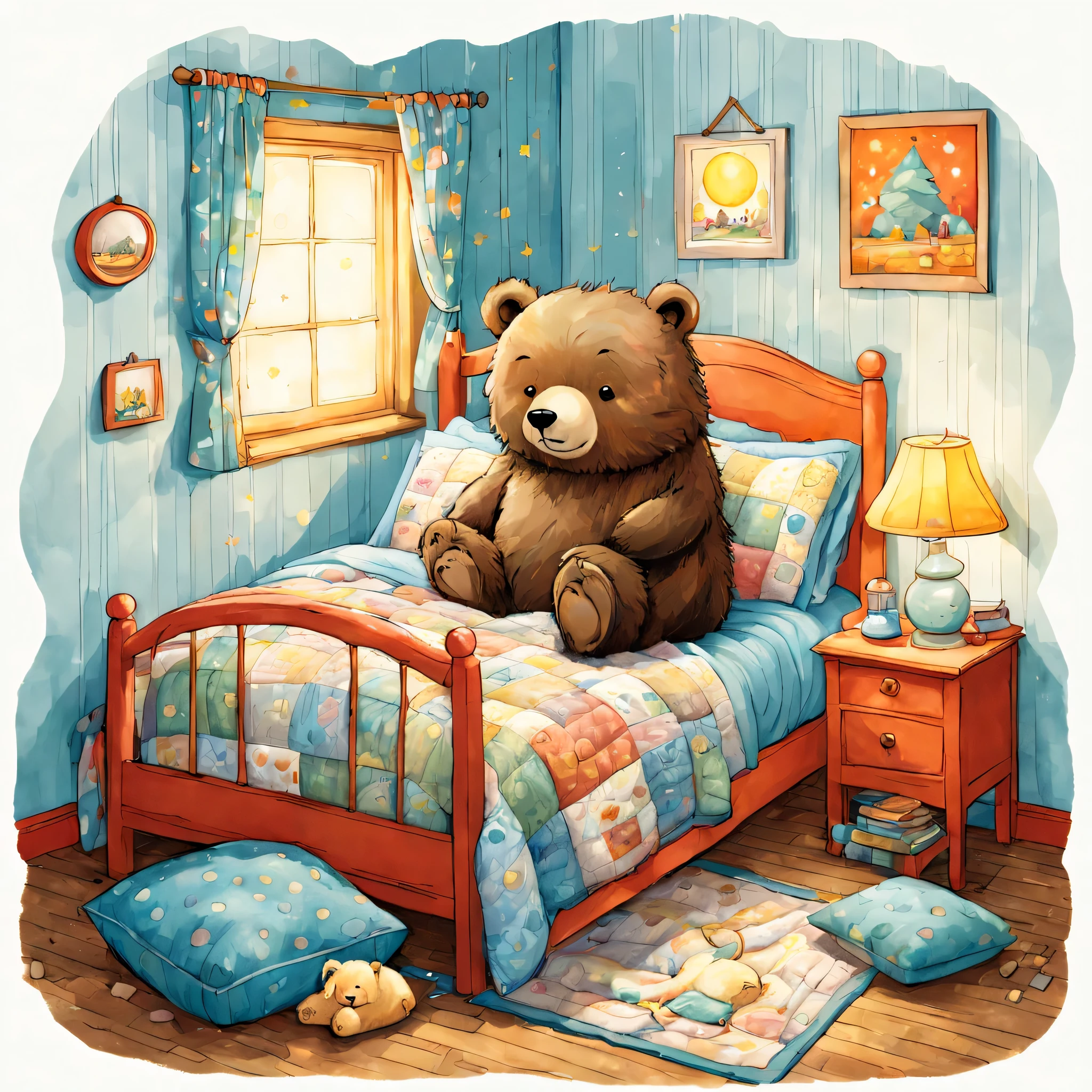 cuteAn illustrationクマの家,bear family:animal:hibernating:cute:nestle:sleep:comfortable and warm:looks happy,An illustration,pop,colorfulに,draw with thick lines,color,dim,lamp light,hibernatingのbear familyが眠っています:dream a happy dream,The house is warm and full of happiness,,colorful,fancy,fantasy,Patchwork:comforter,Detailed details,fluffy,randolph caldecott style