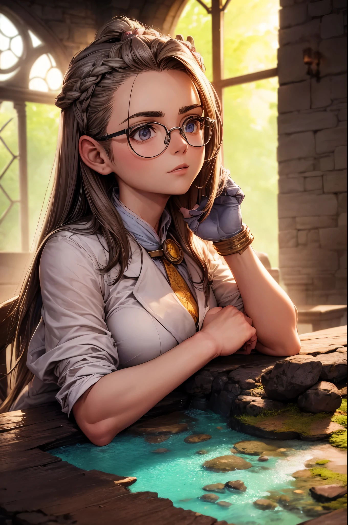(masterpiece, best quality), 1girl, Dr. Stone character, laboratory setting, chiseled jawline, messy hair, dense eyebrows, glasses perched on the bridge of her nose, white coat, goggles, intense focus, blueprints spread out on the table, intricate handwork displayed, surrounded by rocks and stones, natural sunlight streaming in through the windows, detailed textures and veins on the rocks, life-like portrayal, high definition, accurate representation of Dr. Stone's personality and determination, capturing her intelligence and passion for restoration.