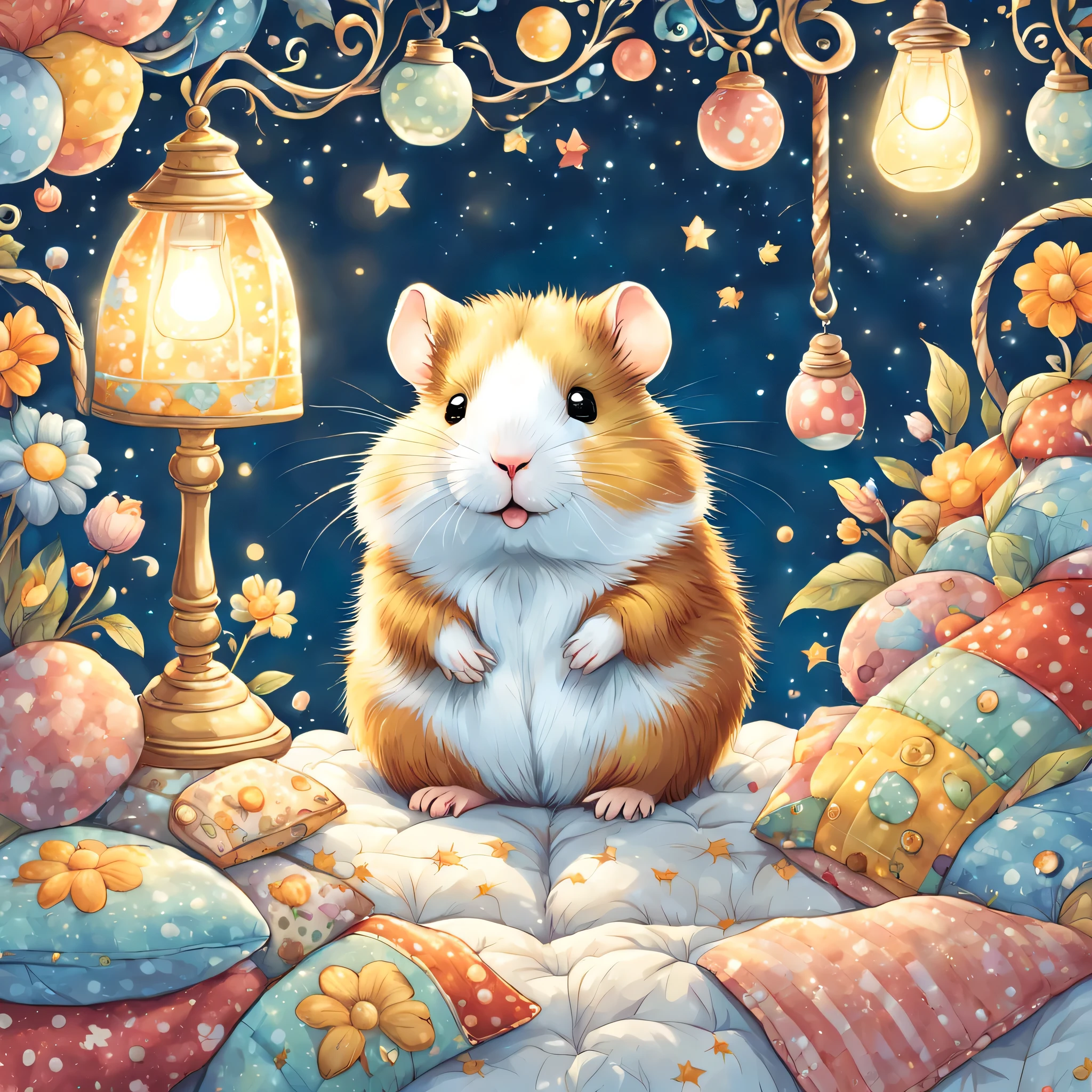 cuteAn illustration,hamsterの巣穴,hamsterの親子:animal:cute:nestle:sleep:comfortable and warm:looks happy,An illustration,pop,colorfulに,color,dim,lamp light,hamsterの親子が眠っています:dream a happy dream,The nest is warm and full of happiness,,colorful,fancy,fantasy,Patchwork:comforter,Detailed details,fluffy,randolph caldecott style,hamster,最高にcutehamster,fluffyhamster