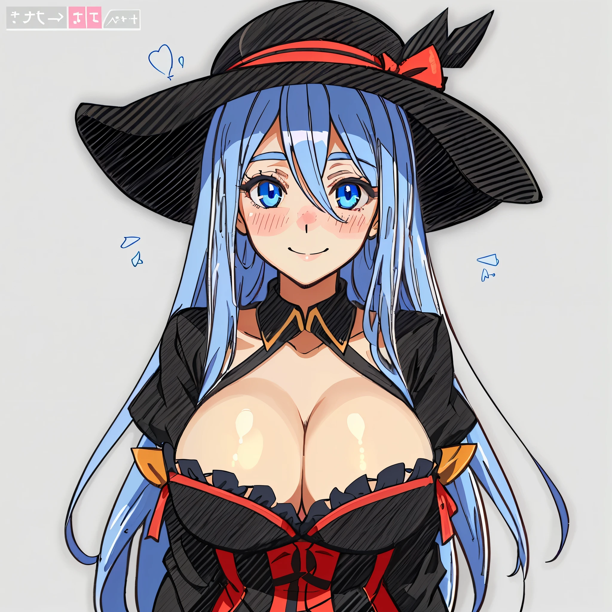 1girl, long_hair, solo, rating:safe, large_breasts, cleavage, looking_at_viewer, blue_eyes, smile, hair_between_eyes, striped, hat, blush, closed_mouth