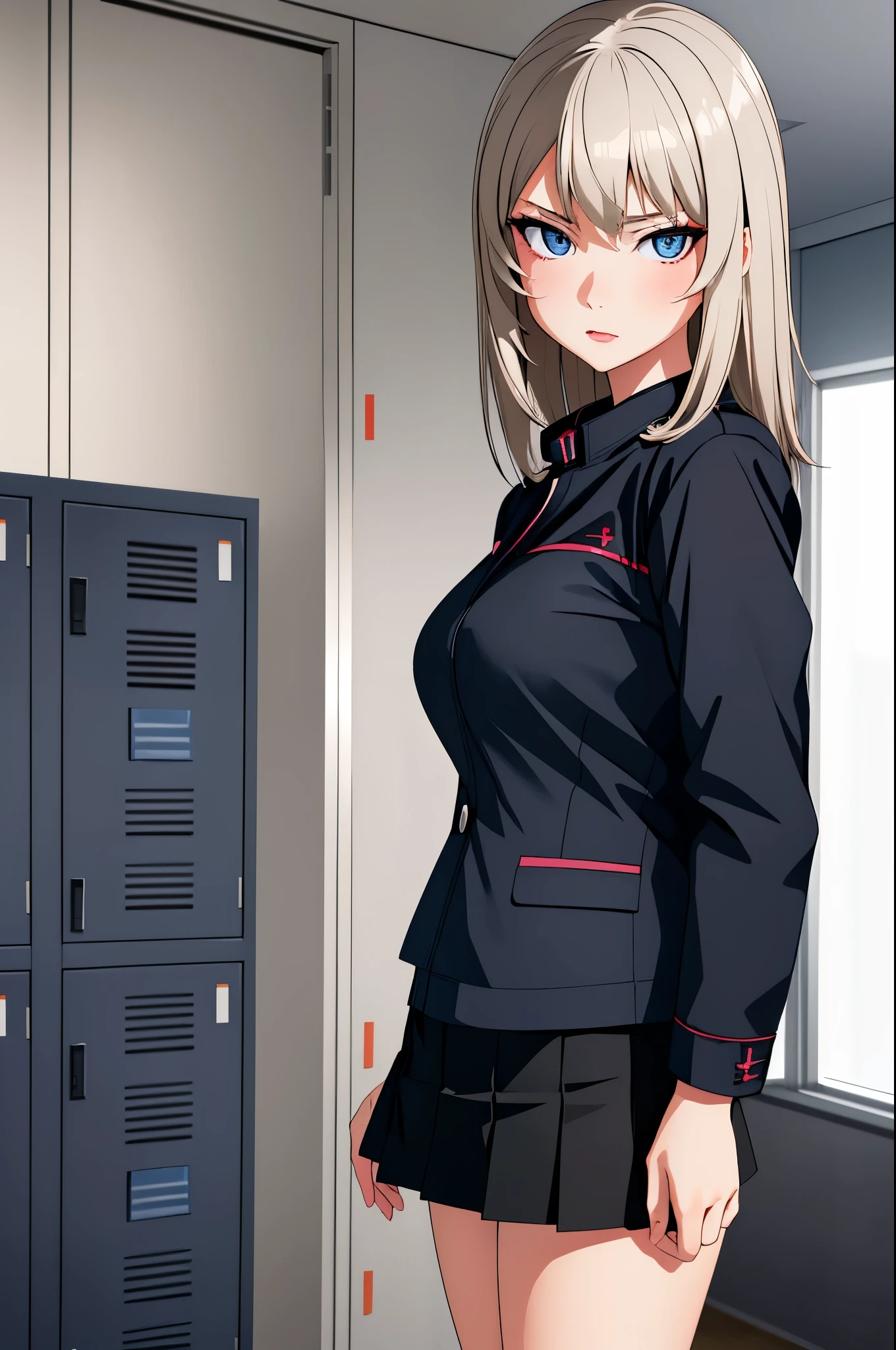 masterpiece, best quality, Itsumi Erika, 1girl, ashen blonde hair, blue eyes, solo, medium breasts, standing frontally, pov, looking at viewer, black skirt, sexy black bra, undressing jacket, whole body can be seen, indoors, locker room, expressionless, detailed hands, five fingers