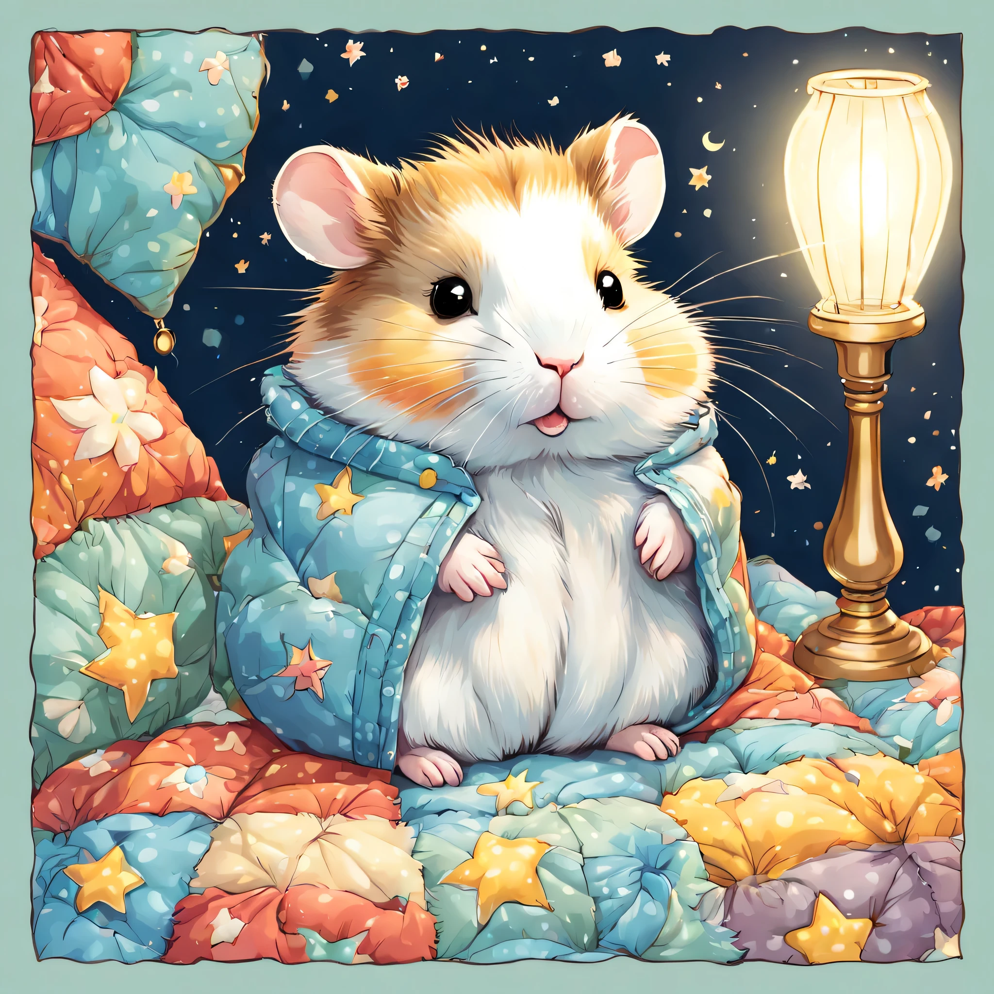 cuteAn illustration,hamsterの巣穴,hamsterの親子:animal:cute:nestle:sleep:comfortable and warm:looks happy,An illustration,pop,colorfulに,color,dim,lamp light,hamsterの親子が眠っています:dream a happy dream,The nest is warm and full of happiness,,colorful,fancy,fantasy,Patchwork:comforter,Detailed details,fluffy,randolph caldecott style,hamster,最高にcutehamster,fluffyhamster