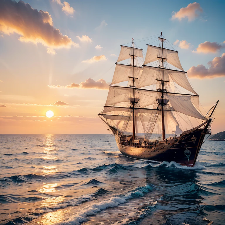A narrow view of the sea in the evening with the setting sun and a sailing ship.