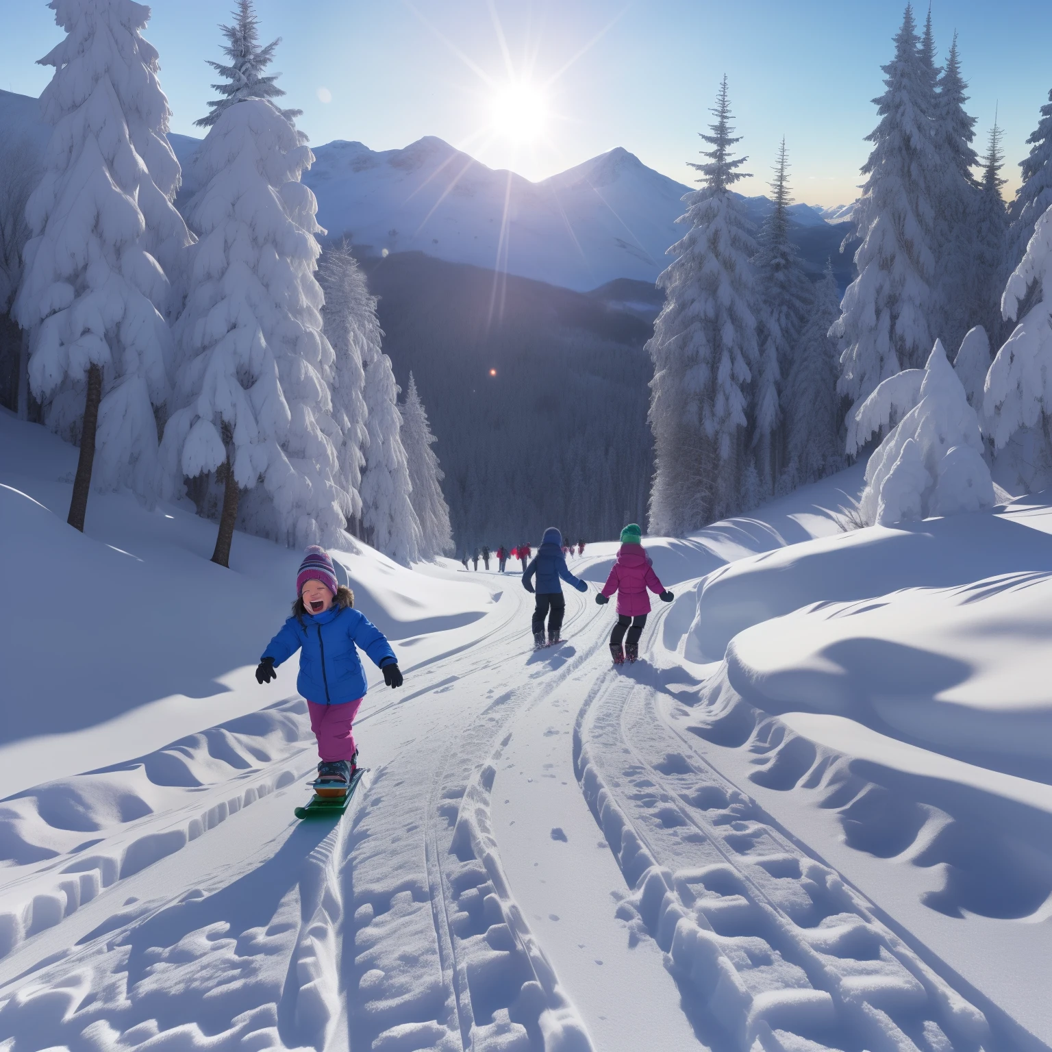 (best quality,4k,highres,masterpiece:1.2),ultra-detailed,realistic,snow-covered winter,countryside,children,playing with snowboards,crates,outdoor fun,joy,happy faces,excited laughter,curious explorers,roaming freely,adventurous spirit,rolling hills,beautiful landscape,vibrant colors,fresh snow,sparkling white,glistening snowflakes,frosty air,winter wonderland,gloves and scarves,crisp chilly breeze,cheeks rosy with cold,energetic movements,flying down the slopes,carving tracks in the snow,faint sound of wooden crates sliding,laughing echoes bouncing off the hills,children's imagination running wild,breathtaking scenery,serenity of nature,sunlight peaking through the trees,natural lighting,faint scent of pine trees,footprints left in the snow,winter magic in the air