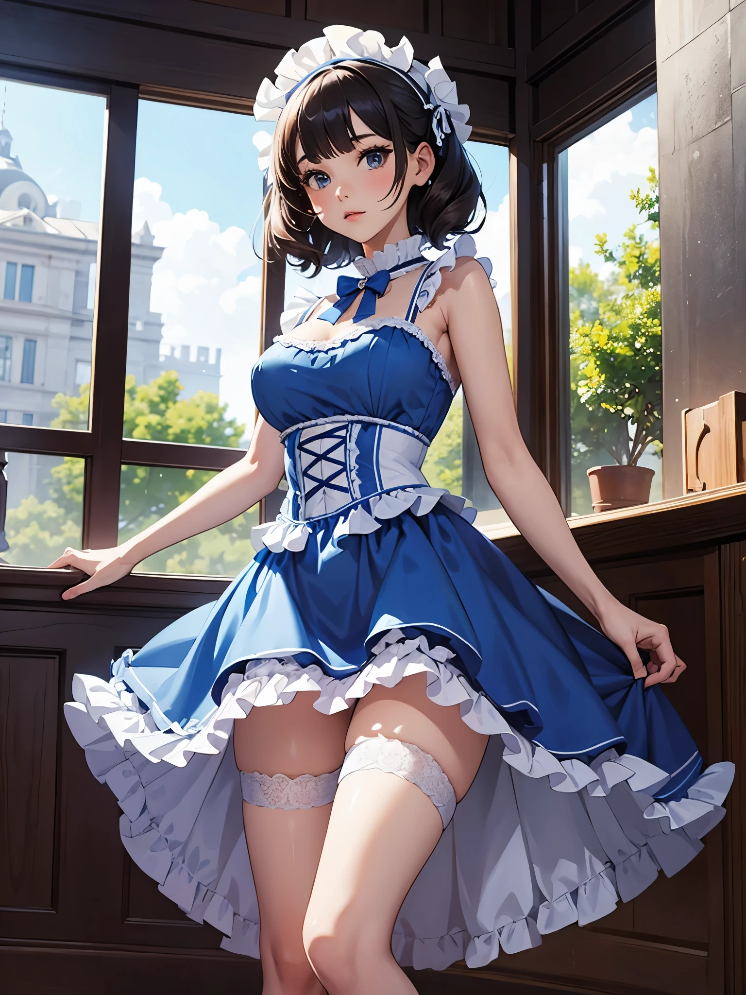 1 girl, Wearing a blue and white gown, frilled petticoat, stockings, exposed crotch, panties, long dress,