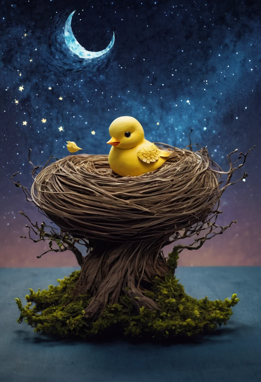 a newborn bird, the bird is abnormally fat and the nest is located in a bonsai, the nest breaks due to the weight of the chick and the chick falls, in a pot, surreal, funny, comic, starry sky, zentangle, origami, cinematic, emotional, epic, vincent van gogh,....by my self...lol