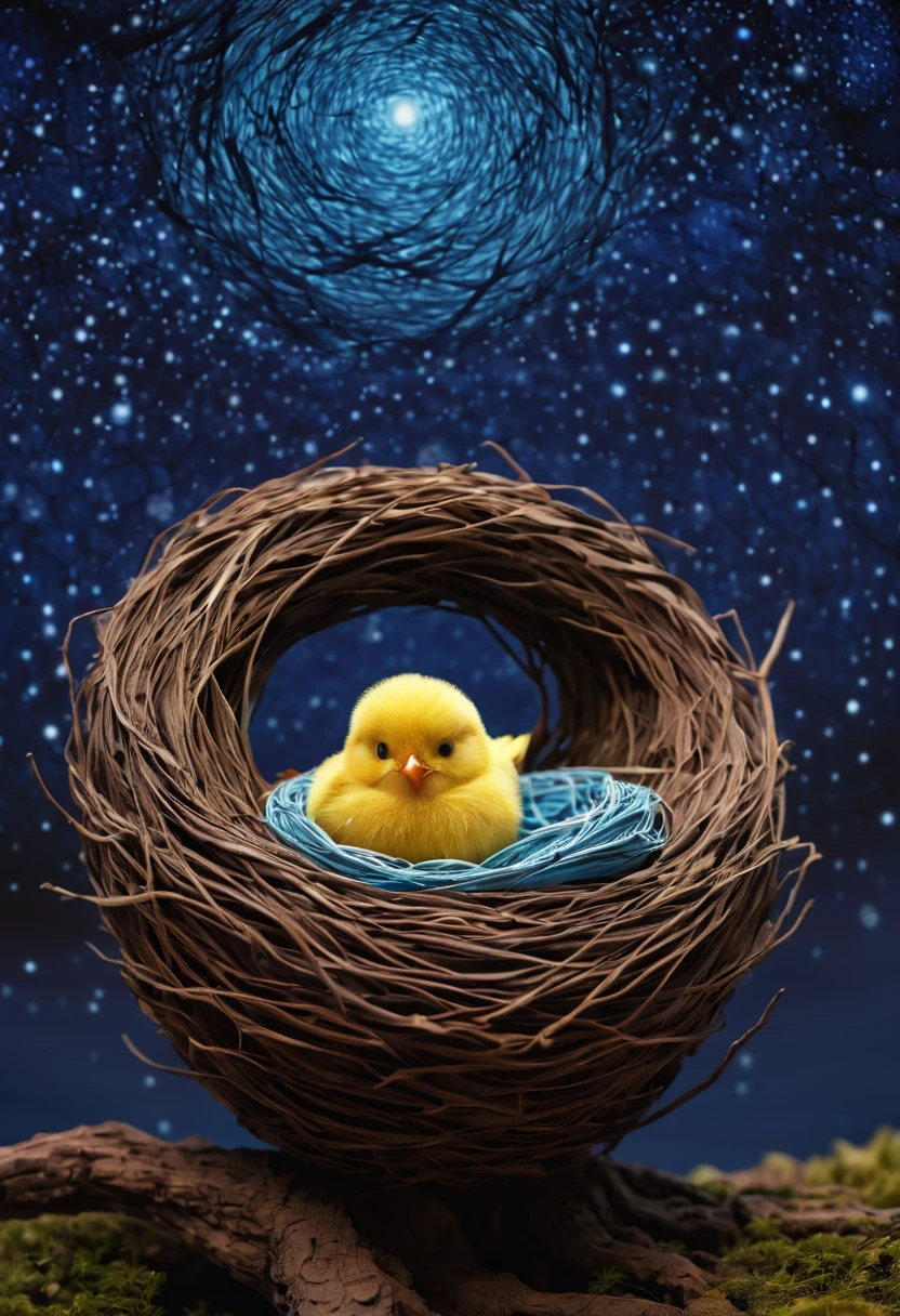a newborn bird, the bird is abnormally fat and the nest is located in a bonsai, the nest breaks due to the weight of the chick and the chick falls, in a pot, surreal, funny, comic, starry sky, zentangle, origami, cinematic, emotional, epic, vincent van gogh,....by my self...lol