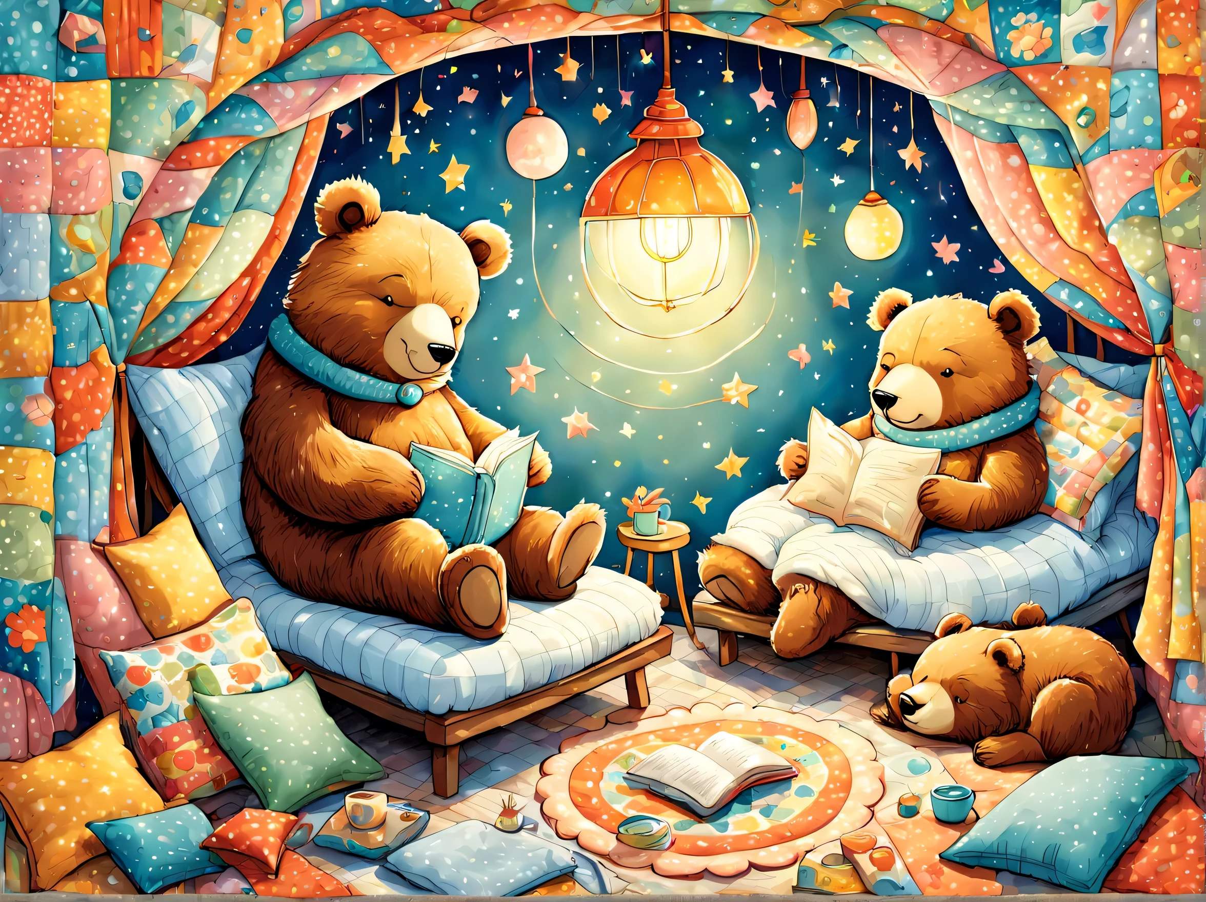 cuteAn illustrationクマの家,bear family:animal:hibernating:cute:nestle:sleep:comfortable and warm:looks happy,An illustration,pop,colorfulに,draw with thick lines,color,dim,lamp light,hibernatingのbear familyが眠っています:dream a happy dream,The house is warm and full of happiness,,colorful,fancy,fantasy,Patchwork:comforter,Detailed details,fluffy,randolph caldecott style