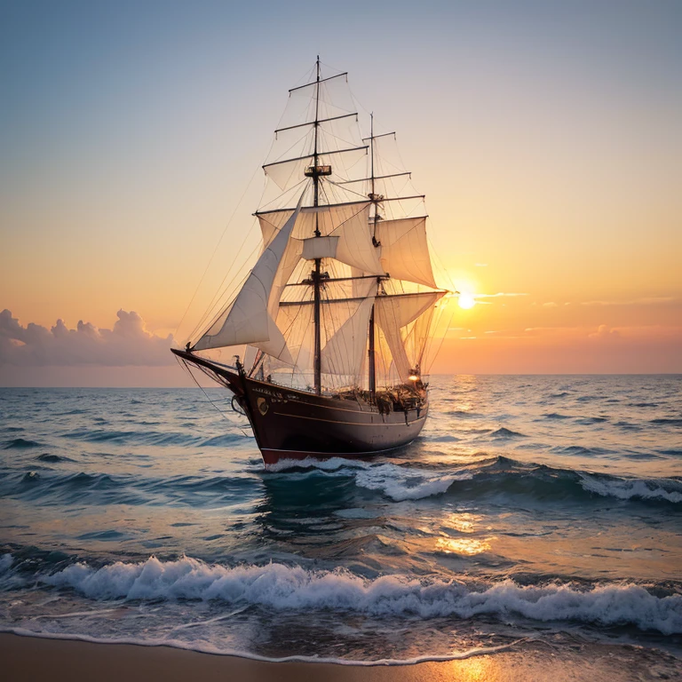 A narrow view of the sea in the evening with the setting sun and a sailing ship.