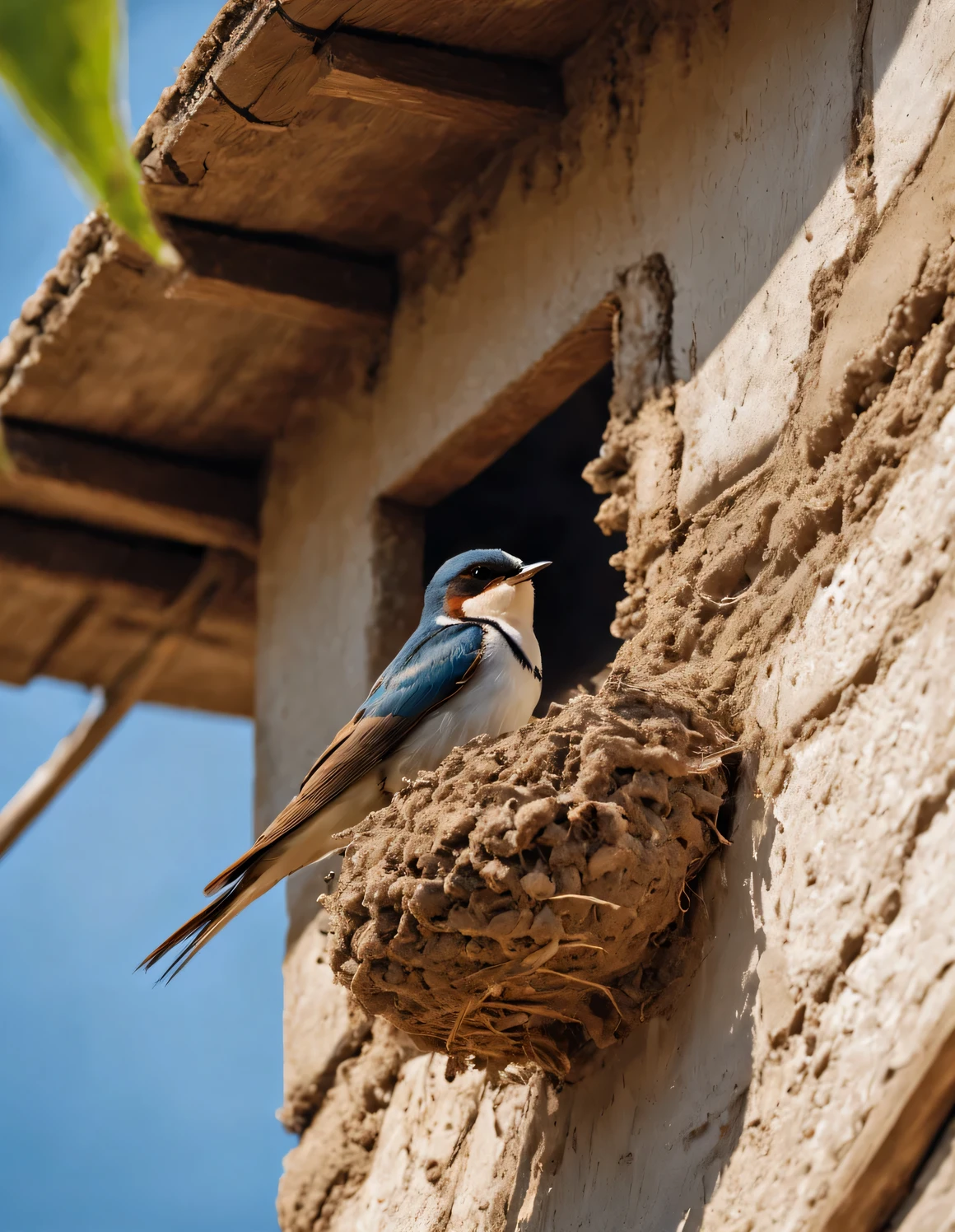 （Two little swallows fly and build a nest），The little swallow is busy picking up mud，The little mouth keeps opening and closing，The mud chunks picked up each time are not big..，Carefully place the mud blocks under the eaves，in the sun，The feathers of the little swallow shine with blue-black luster，Each piece is like a carefully polished gem，Exudes a charming light，
Nests are often found in human dwellings.，in the gaps between bridges and other buildings，Sometimes they also build nests in tree holes。The nest is mainly made of a mixture of mud and saliva，cup or disk，There are multiple chambers inside，Used for hatching eggs。The nest has a rough appearance，Color is gray or brown，It&#39;s smoother inside，The color is slightly lighter，background：White painted mud house