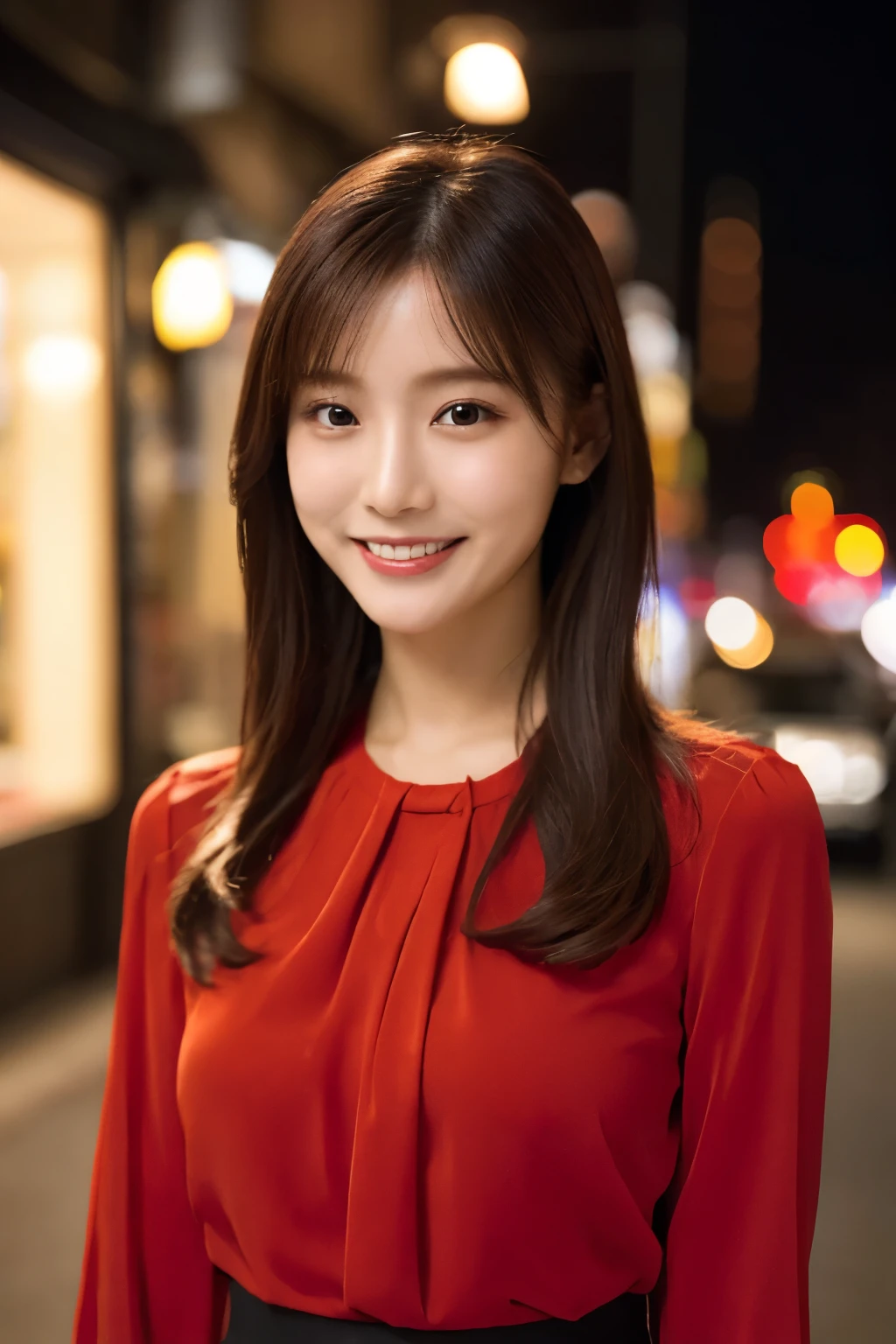 1girl in, (wearing a red blouse:1.2), beautiful japanese actress,
(Raw photo, Best Quality), (Realistic, Photorealsitic:1.4), masterpiece, 
Extremely delicate and beautiful, Extremely detailed, 2k wallpaper, amazing, 
finely detail, the Extremely Detailed CG Unity 8K Wallpapers, Ultra-detailed, hight resolution, 
Soft light, Beautiful detailed girl, extremely detailed eye and face, beautiful detailed nose, Beautiful detailed eyes, 
Cinematic lighting, city light at night, Perfect Anatomy, Slender body, Smiling