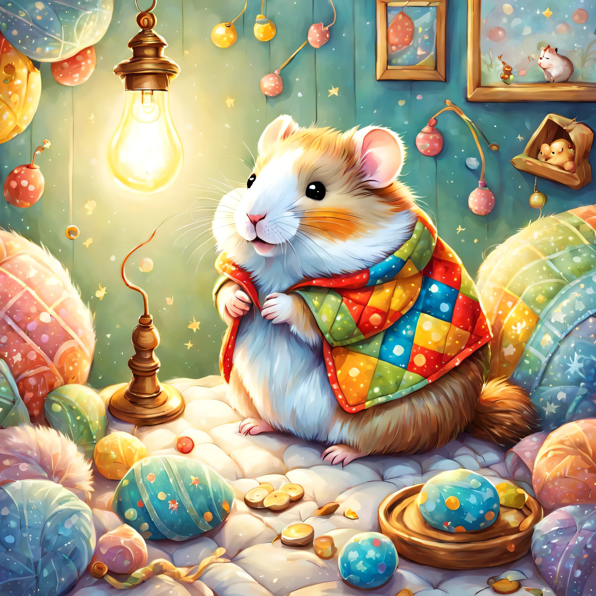 cuteAn illustration,hamsterハウス,hamsterの親子:animal:cute:nestle:sleep:comfortable and warm:looks happy,An illustration,pop,colorfulに,color,dim,lamp light,hamsterの親子が眠っています:dream a happy dream,The house is warm and full of happiness,,colorful,fancy,fantasy,Patchwork:comforter,Detailed details,fluffy,randolph caldecott style,hamster,最高にcutehamster,fluffyhamster