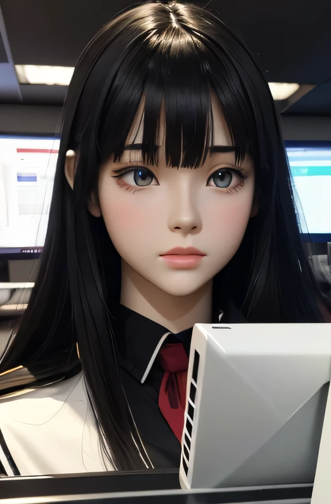 Full body mannequin deep kisses computer screen,that mannequin is beautiful,That mannequin is Erika Ikuta.,That mannequin is 15 years old.,The height of the mannequin is 165cm,mannequin color'my face is white.,mannequin color'The body is pure white.,The mannequin has black hair(bangs),mannequin color'eyes are black.mannequin is wearing a girl'high school uniform.,A mannequin is stroking a computer.
