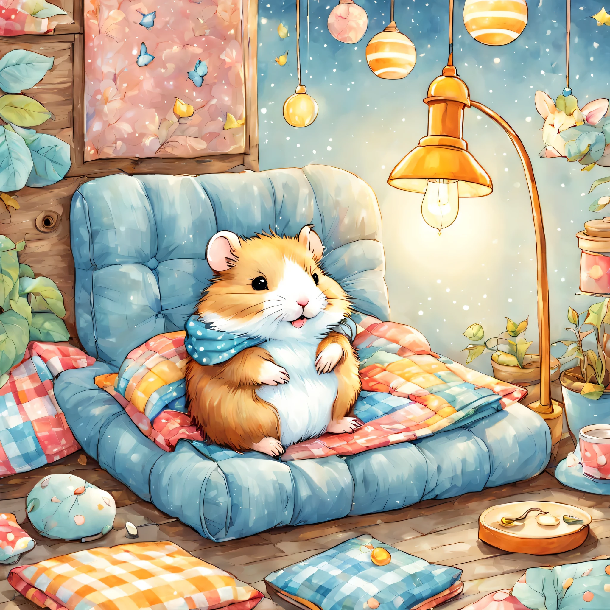 cuteAn illustration,hamsterの巣穴,hamsterの親子:animal:cute:nestle:sleep:comfortable and warm:looks happy,An illustration,pop,colorfulに,color,dim,lamp light,hamsterの親子が眠っています:dream a happy dream,The nest is warm and full of happiness,,colorful,fancy,fantasy,Patchwork:comforter,Detailed details,fluffy,randolph caldecott style,hamster,最高にcutehamster,fluffyhamster