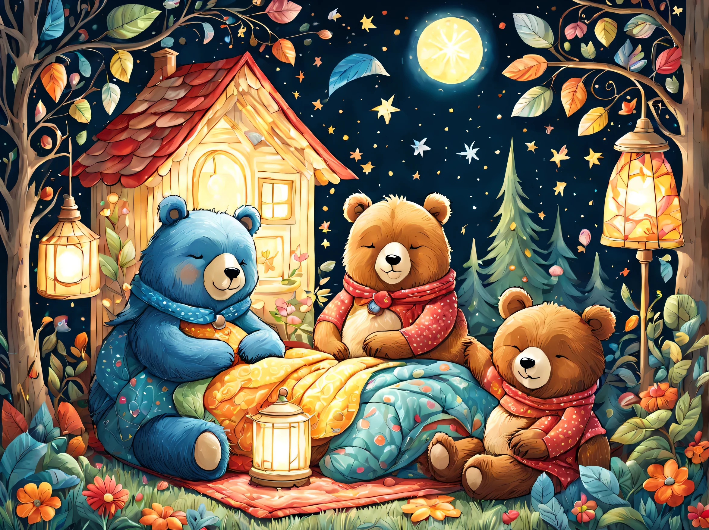 cuteAn illustrationクマの巣,bear family:animal:hibernating:cute:nestle:sleep:comfortable and warm:looks happy,An illustration,pop,colorfulに,draw with thick lines,color,dim,lamp light,hibernatingのbear familyが眠っています:dream a happy dream,The nest is warm and full of happiness,,colorful,fancy,fantasy,Patchwork:comforter,Detailed details,fluffy,randolph caldecott style