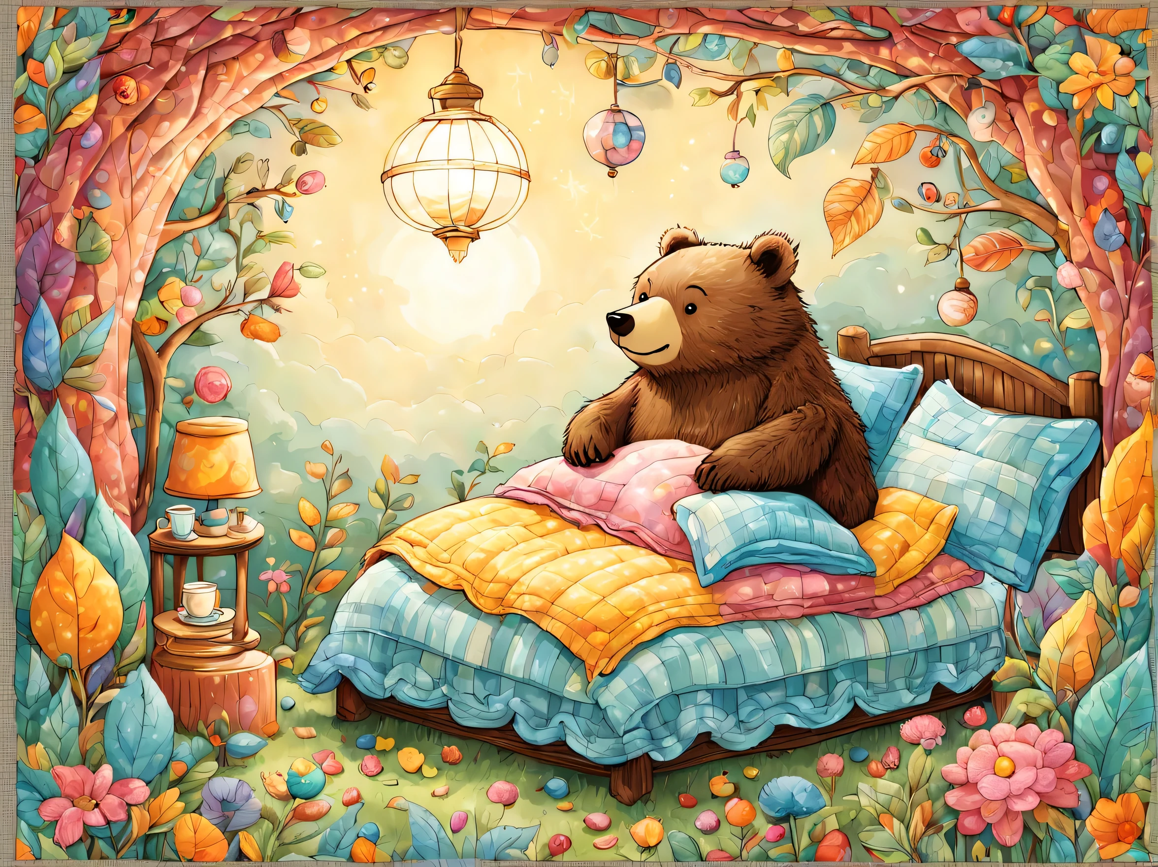 cuteAn illustrationクマの巣,bear family:animal:hibernating:cute:nestle:sleep:comfortable and warm:looks happy,An illustration,pop,colorfulに,draw with thick lines,color,dim,lamp light,hibernatingのbear familyが眠っています:dream a happy dream,The nest is warm and full of happiness,,colorful,fancy,fantasy,Patchwork:comforter,Detailed details,fluffy,randolph caldecott style
