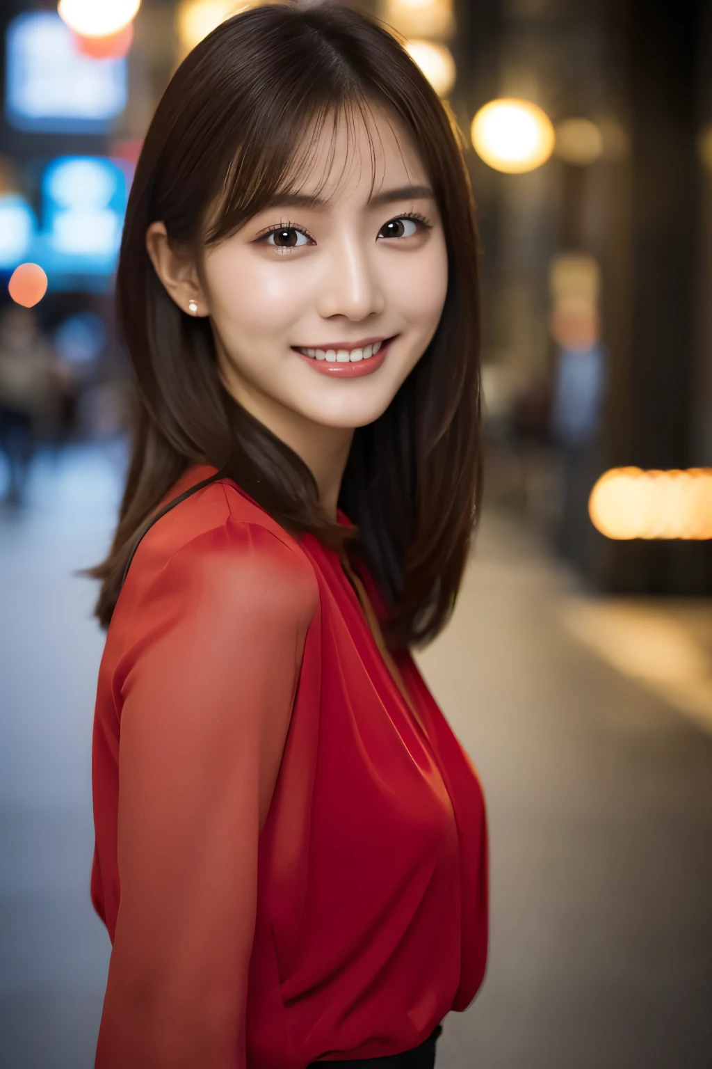 1girl in, (wearing a red blouse:1.2), beautiful japanese actress,
(Raw photo, Best Quality), (Realistic, Photorealsitic:1.4), masterpiece, 
Extremely delicate and beautiful, Extremely detailed, 2k wallpaper, amazing, 
finely detail, the Extremely Detailed CG Unity 8K Wallpapers, Ultra-detailed, hight resolution, 
Soft light, Beautiful detailed girl, extremely detailed eye and face, beautiful detailed nose, Beautiful detailed eyes, 
Cinematic lighting, city light at night, Perfect Anatomy, Slender body, Smiling