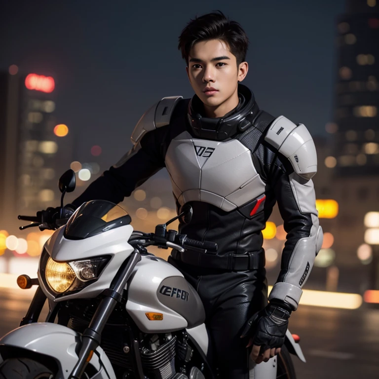 fking_scifi, black pilot suit with yellow accents, brown hair (gray eyes: 1.35), Thai guy, handsome teenager, rides a cool motorcycle, bokeh, mass effect, long distance, fking_cinema_v2