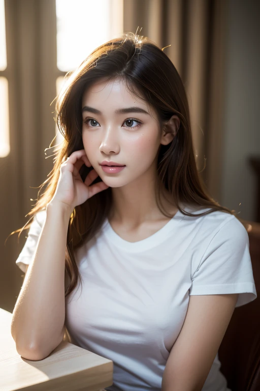 ((masterpiece, high quality, best quality)),Beautiful girl college student,dressed, (photo realistic:1.4), (hyper realistic:1.4), (realistic:1.3), (smoother lighting:1.05), (increase cinematic lighting quality:0.9), 32K, realistic lighting, backlighting, light on face, ray trace, (brightening light:1.2), (Increase quality:1.4), (best quality real texture skin:1.4), finely detailed eyes, finely detailed face, (tired and sleepy and joy), (laugh:0), face closeup, t-shirts, (Increase body line mood:1.1), (Increase skin texture beauty:1.1)