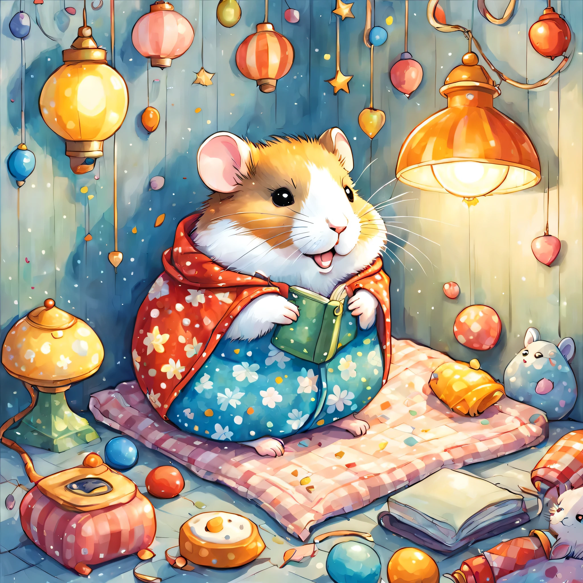 cuteAn illustration,hamsterの巣穴,hamsterの親子:animal:cute:nestle:sleep:comfortable and warm:looks happy,An illustration,pop,colorfulに,color,dim,lamp light,hamsterの親子が眠っています:dream a happy dream,The nest is warm and full of happiness,,colorful,fancy,fantasy,Patchwork:comforter,Detailed details,fluffy,randolph caldecott style,hamster,最高にcutehamster,fluffyhamster