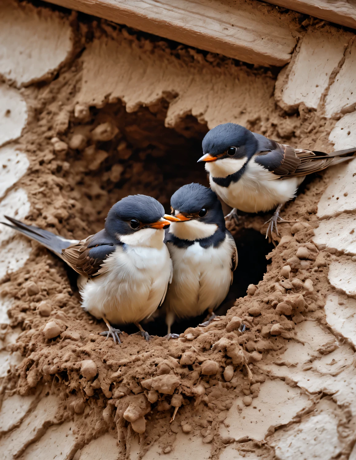 Gouache style, Beautiful detailed ，（Mother swallow is feeding the little swallow in the nest），（Two little swallows open their mouths，Use their young mouths to fight for the little bugs brought by their mothers。.），Feathers shine with blue-black sheen，Each piece is like a carefully polished gem，Exudes a charming light，
The nest is sometimes built in a tree cavity，The nest is mainly made of a mixture of mud and saliva，cup or disk，The nest has a rough appearance，Color is gray or brown，It&#39;s smoother inside，The color is slightly lighter，
background：（snow covered nest）
