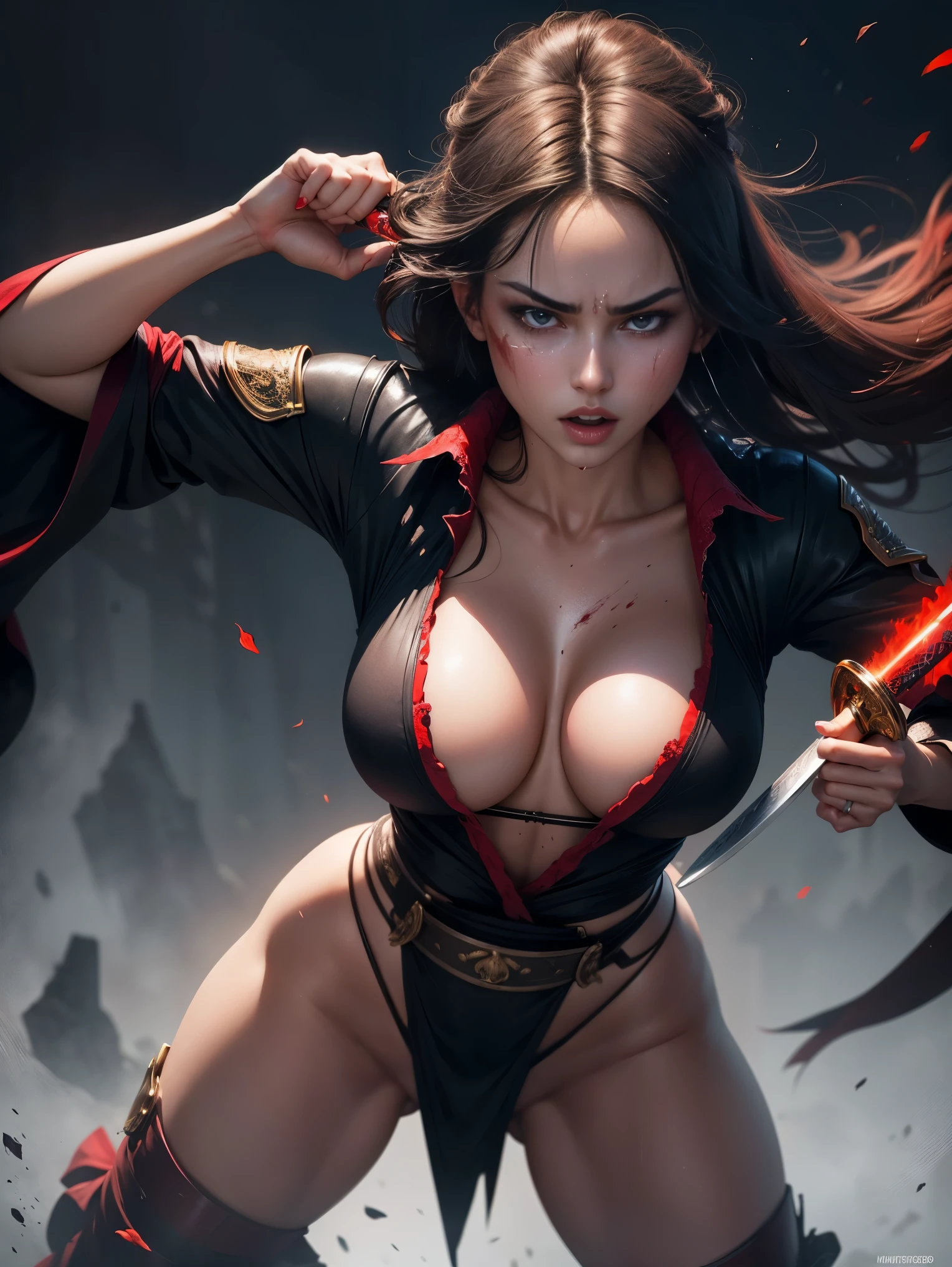 An ultra hot gorgeous European woman, age 23, she’s holding a katana. Body full of blood splash. She’s full of fury and anger.