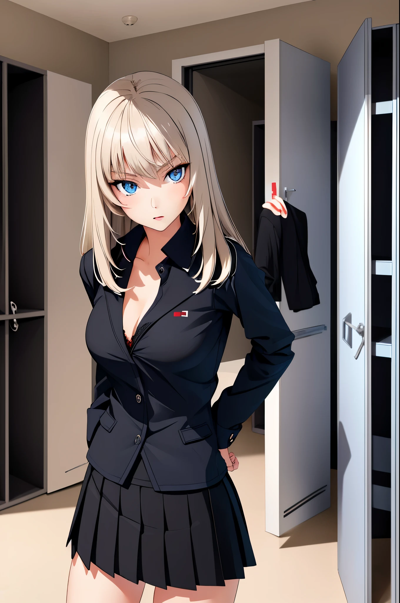 masterpiece, best quality, Itsumi Erika, 1girl, ashen blonde hair, blue eyes, solo, medium breasts, standing frontally, casual pose, pov, looking at viewer, black skirt, sexy black bra, undressing jacket, whole body can be seen, indoors, locker room, expressionless, detailed hands, five fingers