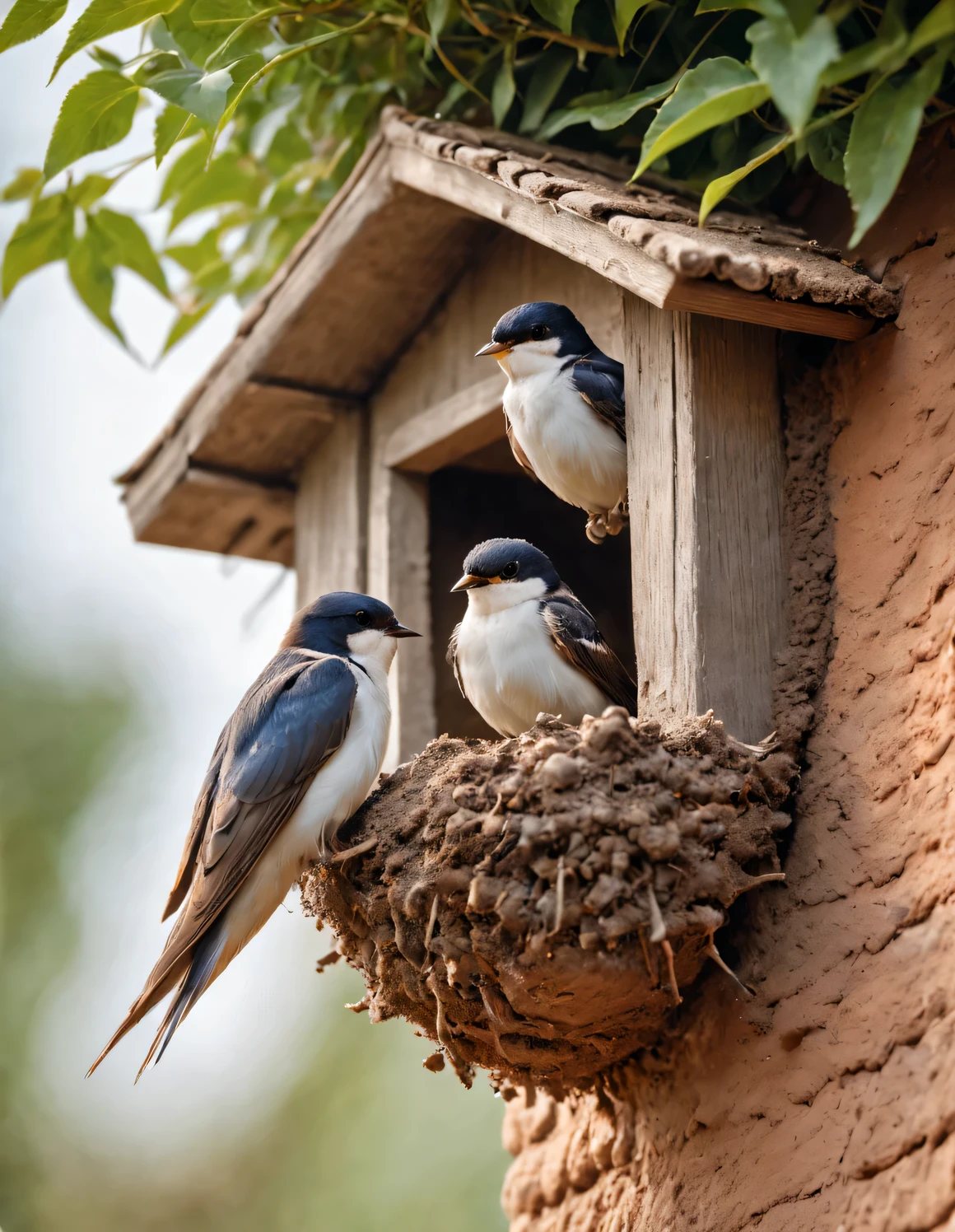 astronomy photo style, Beautiful detailed
（Two little swallows fly and build a nest），The little swallow is busy picking up mud，The little mouth keeps opening and closing，The mud chunks picked up each time are not big..，Carefully place the mud blocks under the eaves，Nests are often found in human dwellings.，in the gaps between bridges and other buildings，Sometimes they also build nests in tree holes。The nest is mainly made of a mixture of mud and saliva，cup or disk，There are multiple chambers inside，Used for hatching eggs。The nest has a rough appearance，Color is gray or brown，It&#39;s smoother inside，The color is slightly lighter，background：White painted mud house