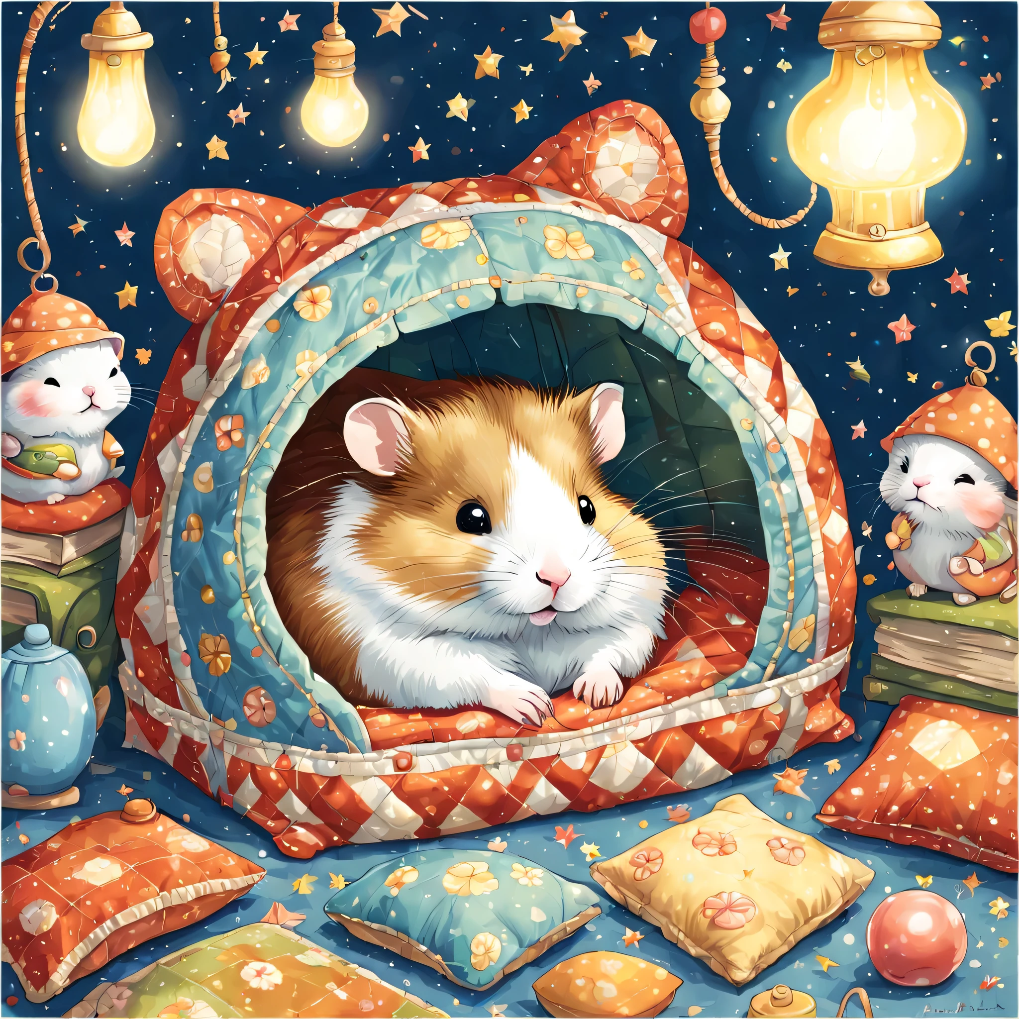 cuteAn illustration,hamsterの巣穴,hamsterの親子:animal:cute:nestle:sleep:comfortable and warm:looks happy,An illustration,pop,colorfulに,color,dim,lamp light,hamsterの親子が眠っています:dream a happy dream,The nest is warm and full of happiness,,colorful,fancy,fantasy,Patchwork:comforter,Detailed details,fluffy,randolph caldecott style,hamster,最高にcutehamster,fluffyhamster